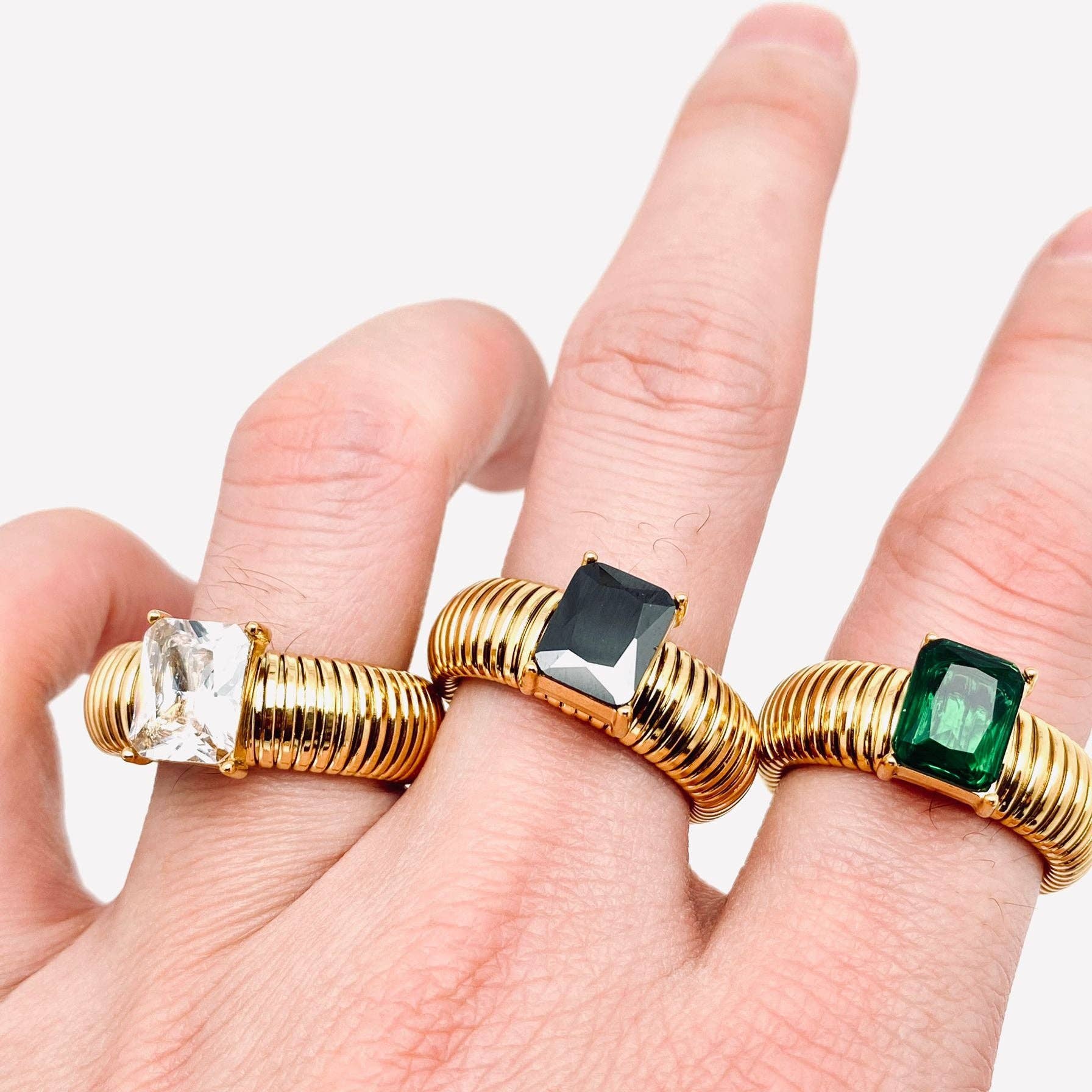 Zircon 18K Gold Plated Stainless Steel Striped Rings - FGS: Green / 8