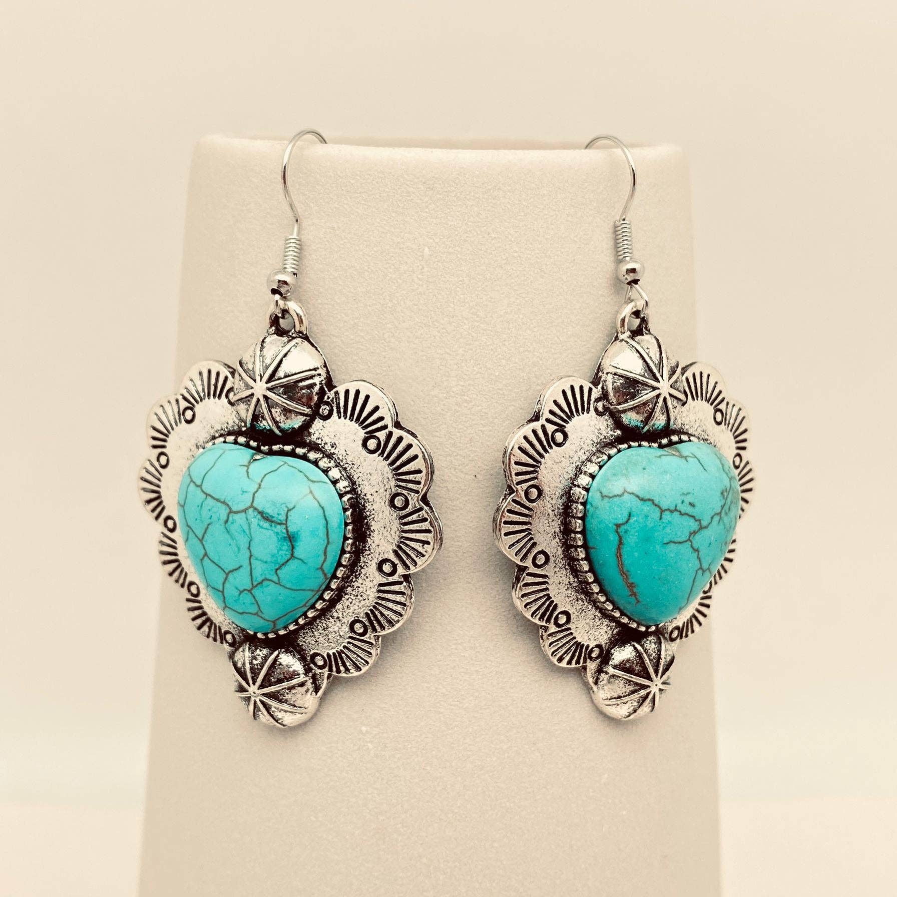 Heart-Shaped Turquoise Charm Dangle Earrings - WJ: Blue
