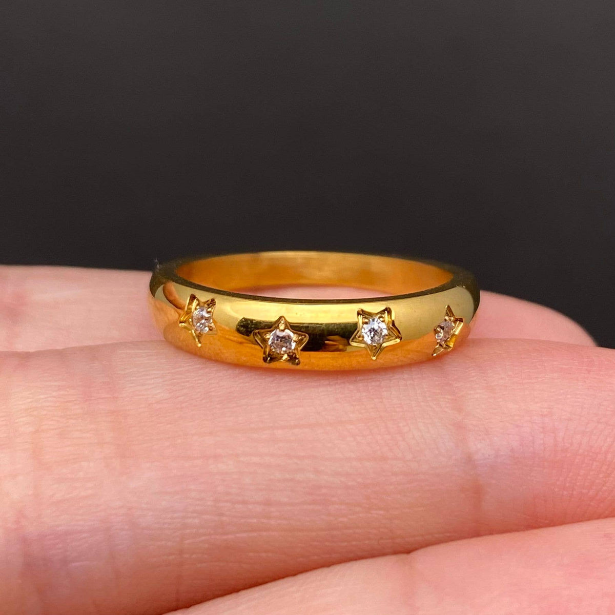 Zircon Inlaid Star 18K Gold Plated S.Steel Ring - FGS/MS: Steel color / 8