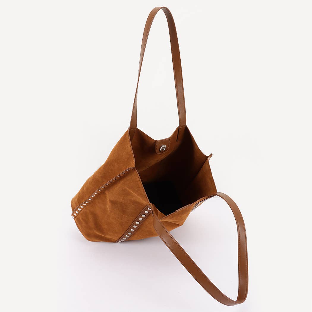 Faux Suede Burg Studded Tote Bag: BUR