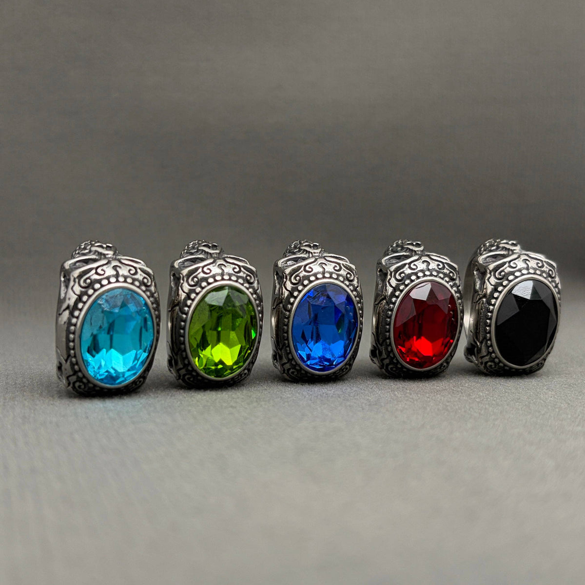 Oval Zircon Inlaid Skull Men's Stainless Steel Ring - MJ/MR: Green / 11