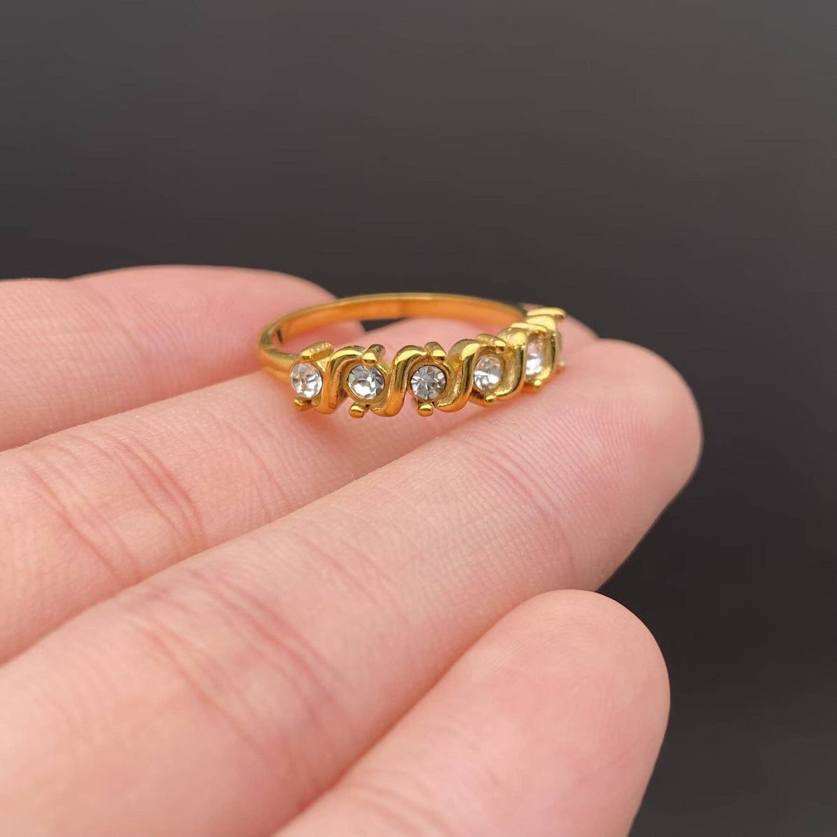 Multiple Zircon Inlaid 18K Gold Plated Stainless Steel Ring - FGS: B / 8