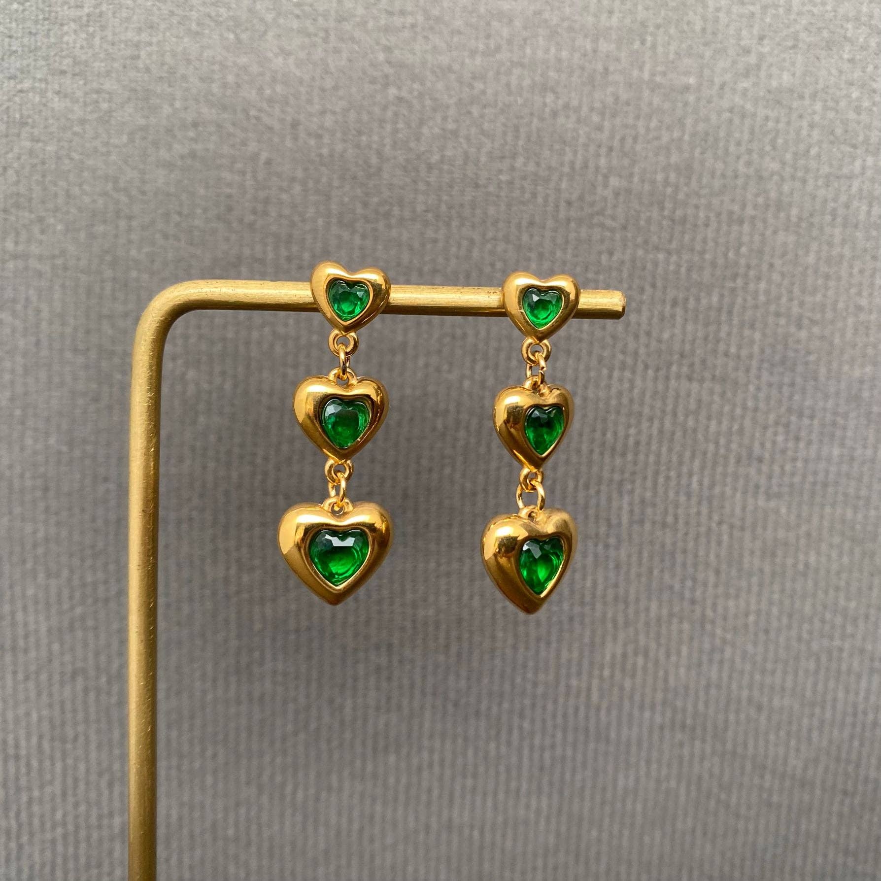Zircon Inlaid Heart 18K Gold Plated S.Steel Earrings - FGS: Blue