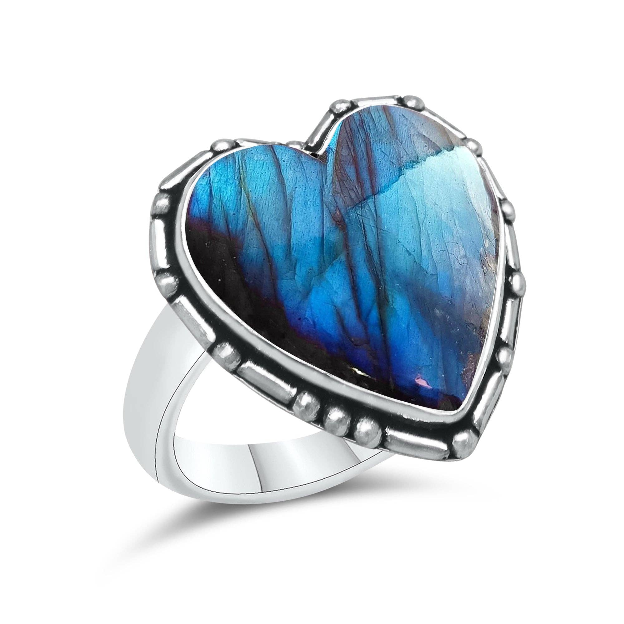 Labradorite Heart Rings – Silver-Plated, Handmade, Blue Flash (US Sizes 6–10, Non-Adjustable) | Wholesale: 10 Rings