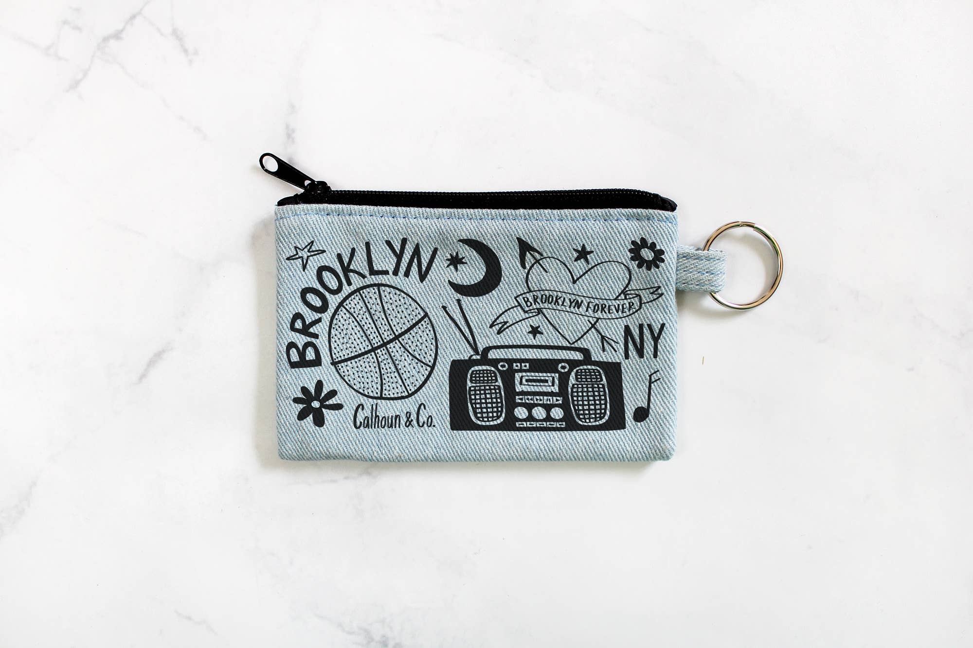Brooklyn New York Zipper Card Pouch with Keyring: Denim/Black