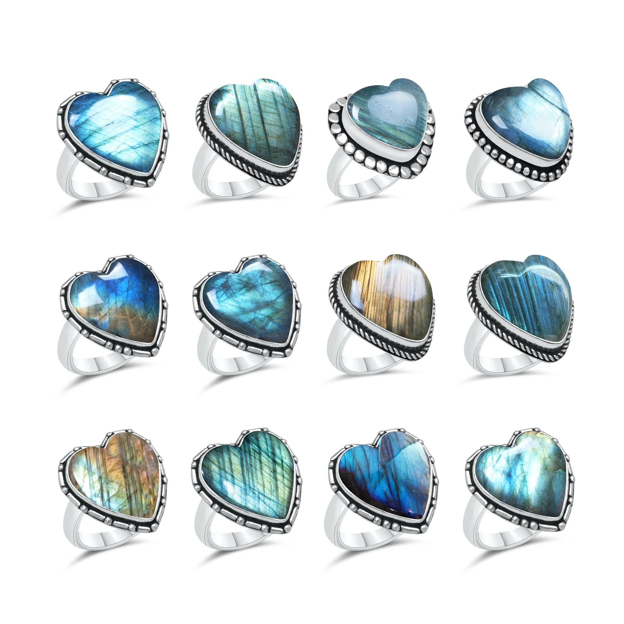 Labradorite Heart Rings – Silver-Plated, Handmade, Blue Flash (US Sizes 6–10, Non-Adjustable) | Wholesale: 10 Rings