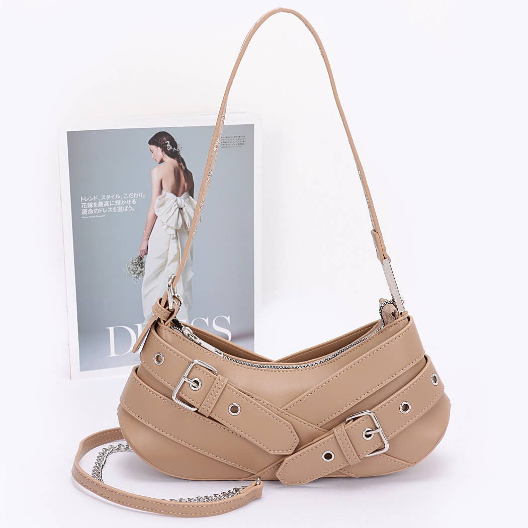 Faux Leather Burg Multi Buckles Shoulder Bag
