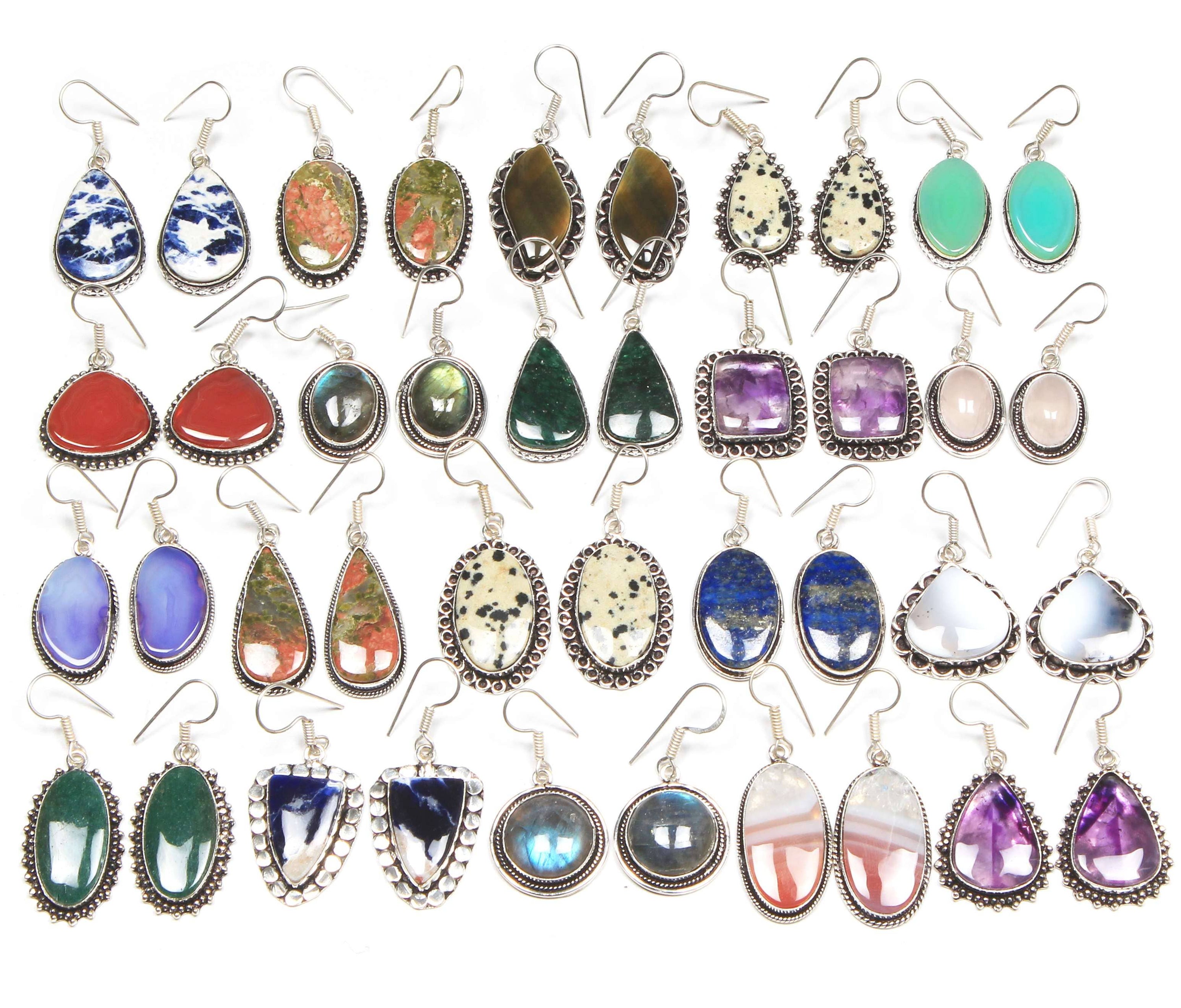 Boho Designer Earrings – Silver-Plated, Handmade, Assorted Gemstones | Wholesale: Pack of 20