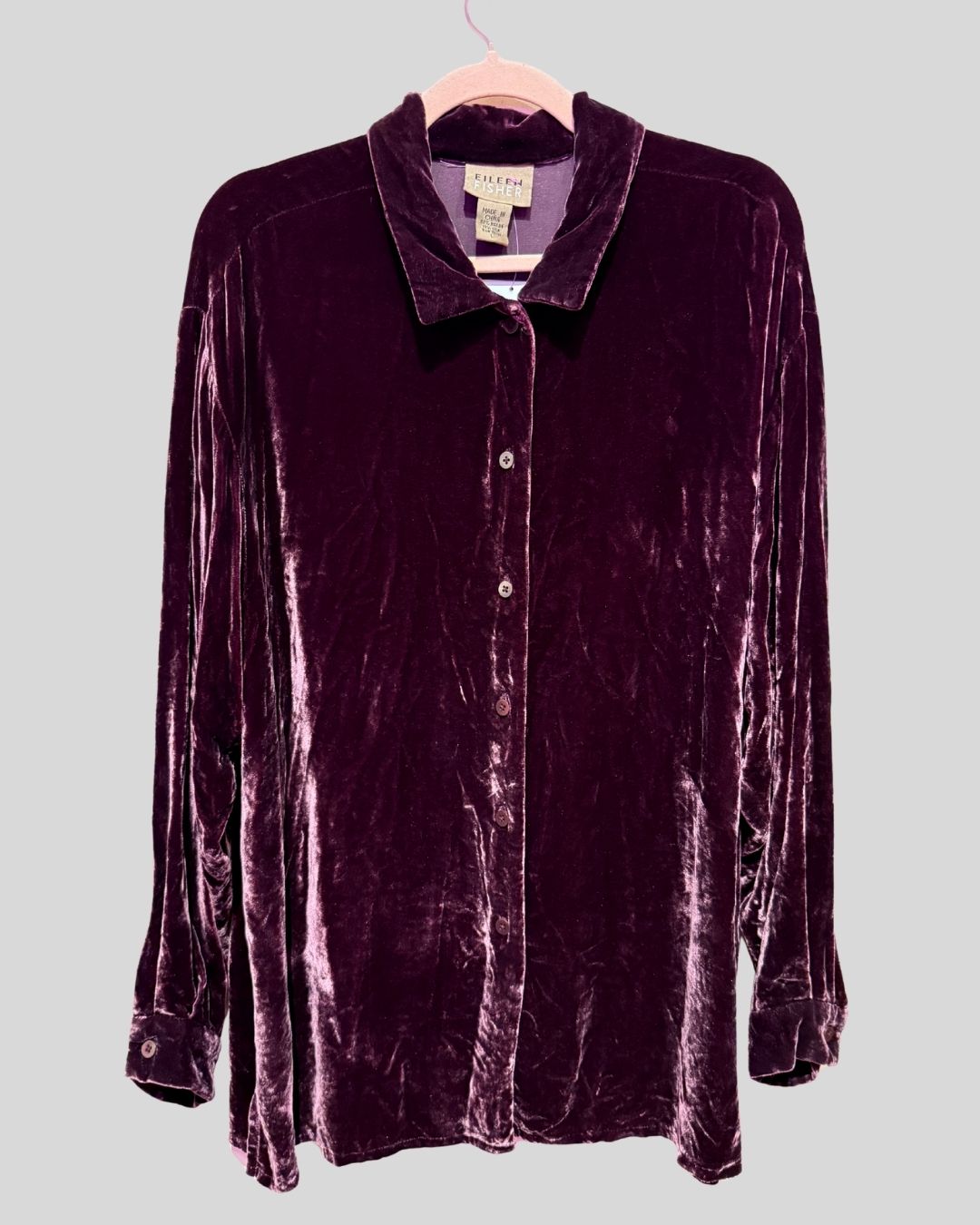 Eileen Fisher Wine Crushed Velvet Silk Blend Button Down (L fits XL)