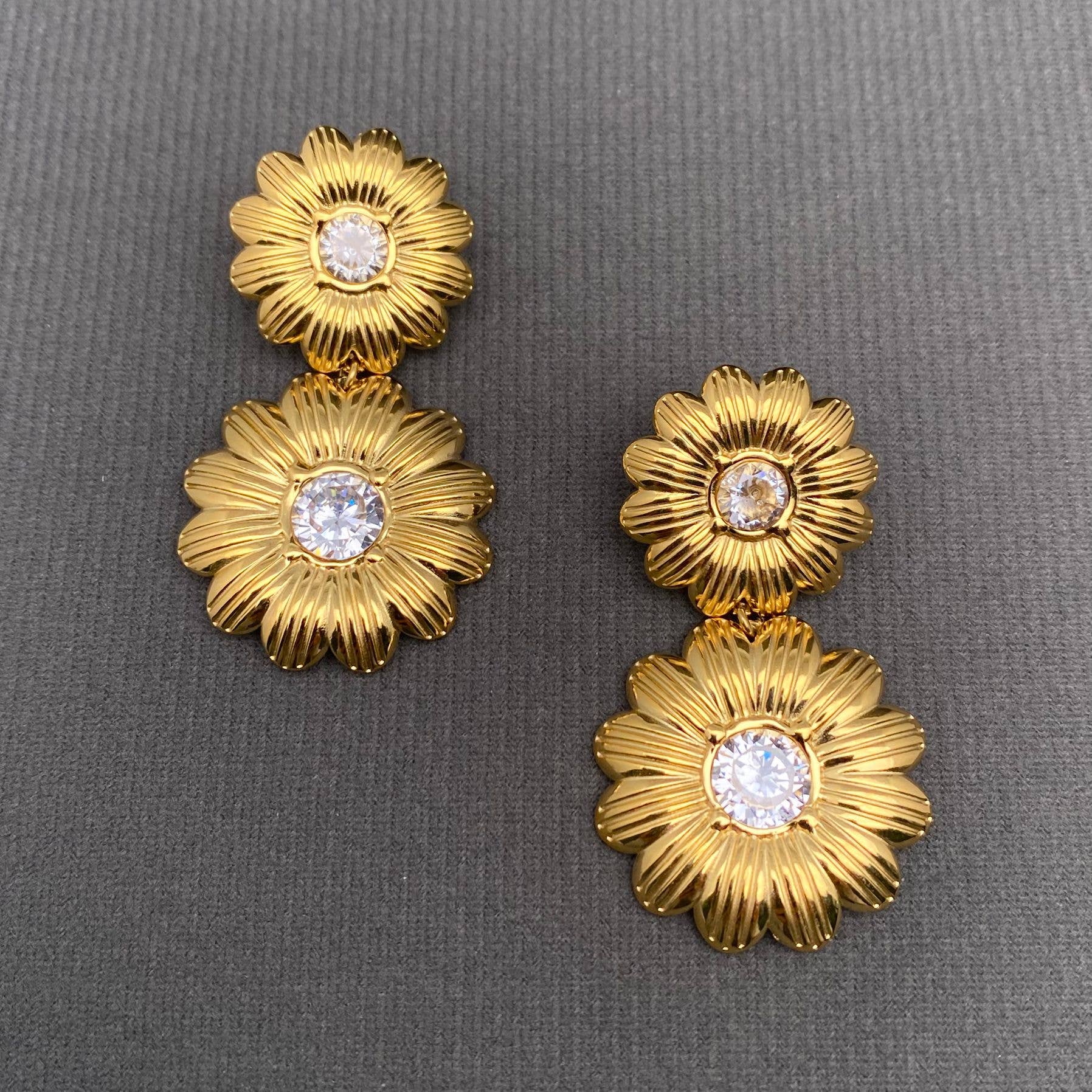Zircon Inlaid  Double Flower 18K Golden S.Steel Earrings - FGS