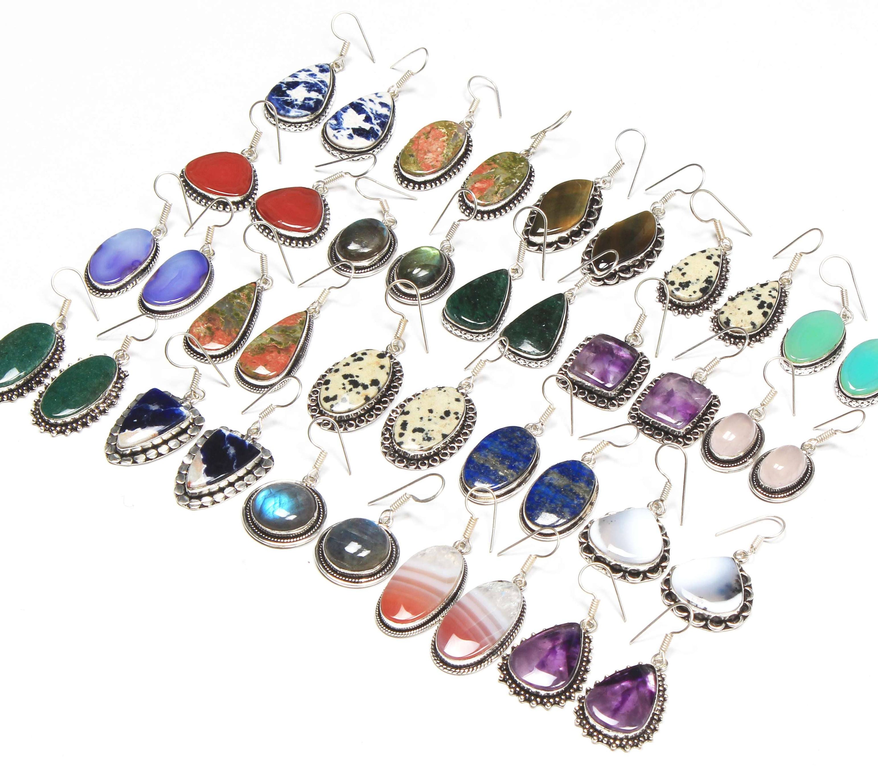 Boho Designer Earrings – Silver-Plated, Handmade, Assorted Gemstones | Wholesale: Pack of 20