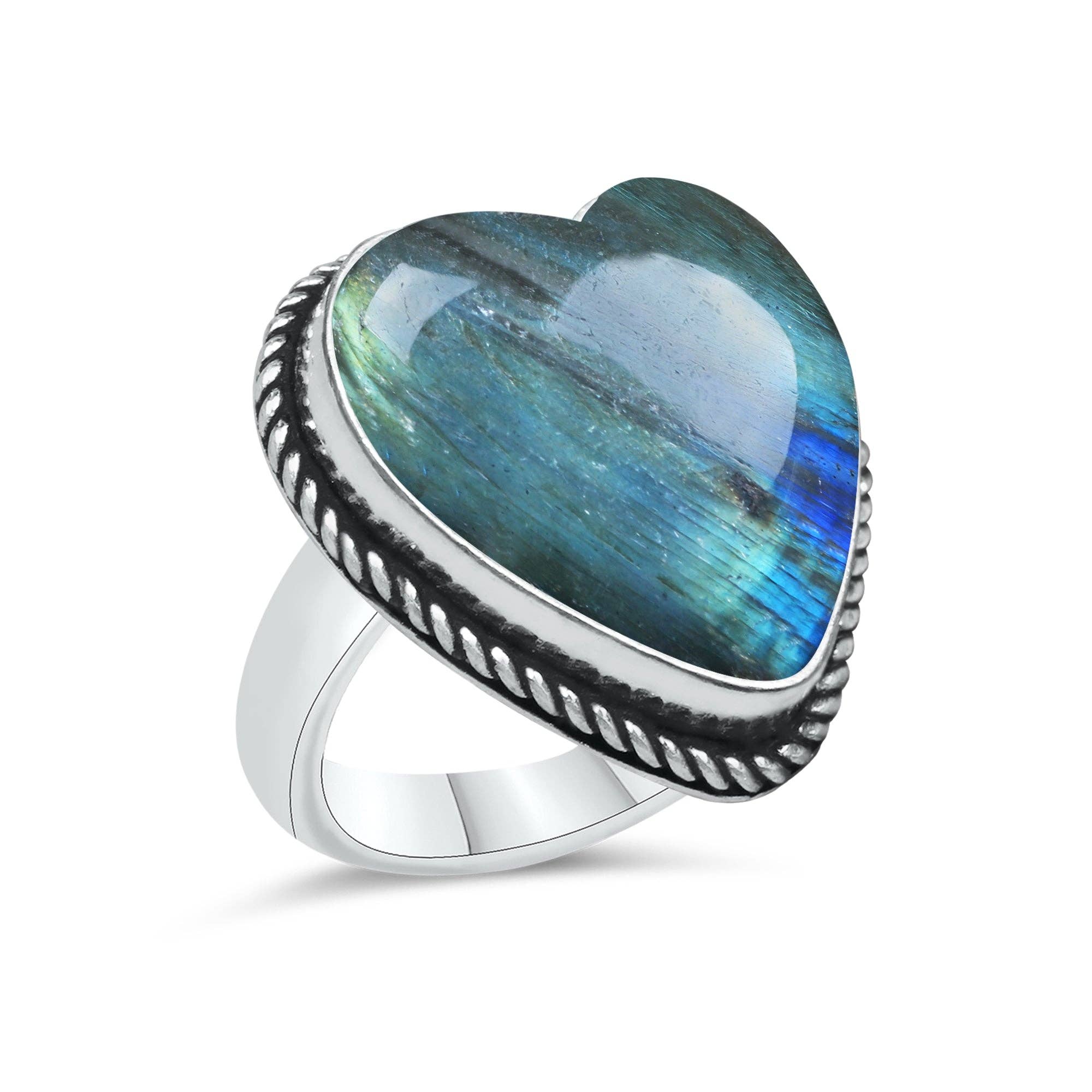 Labradorite Heart Rings – Silver-Plated, Handmade, Blue Flash (US Sizes 6–10, Non-Adjustable) | Wholesale: 10 Rings