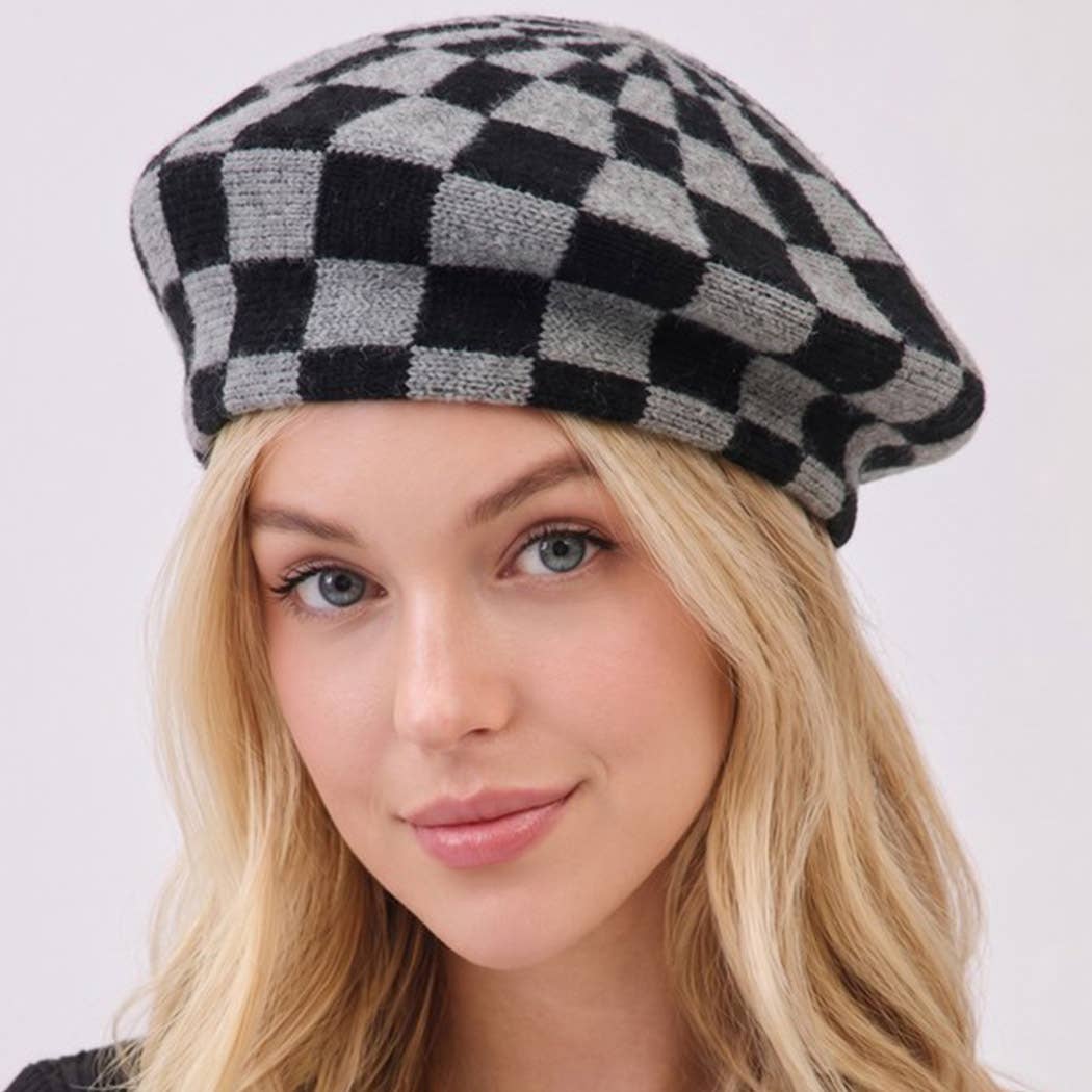 Geometric Checkered Knit Beret: TNPK