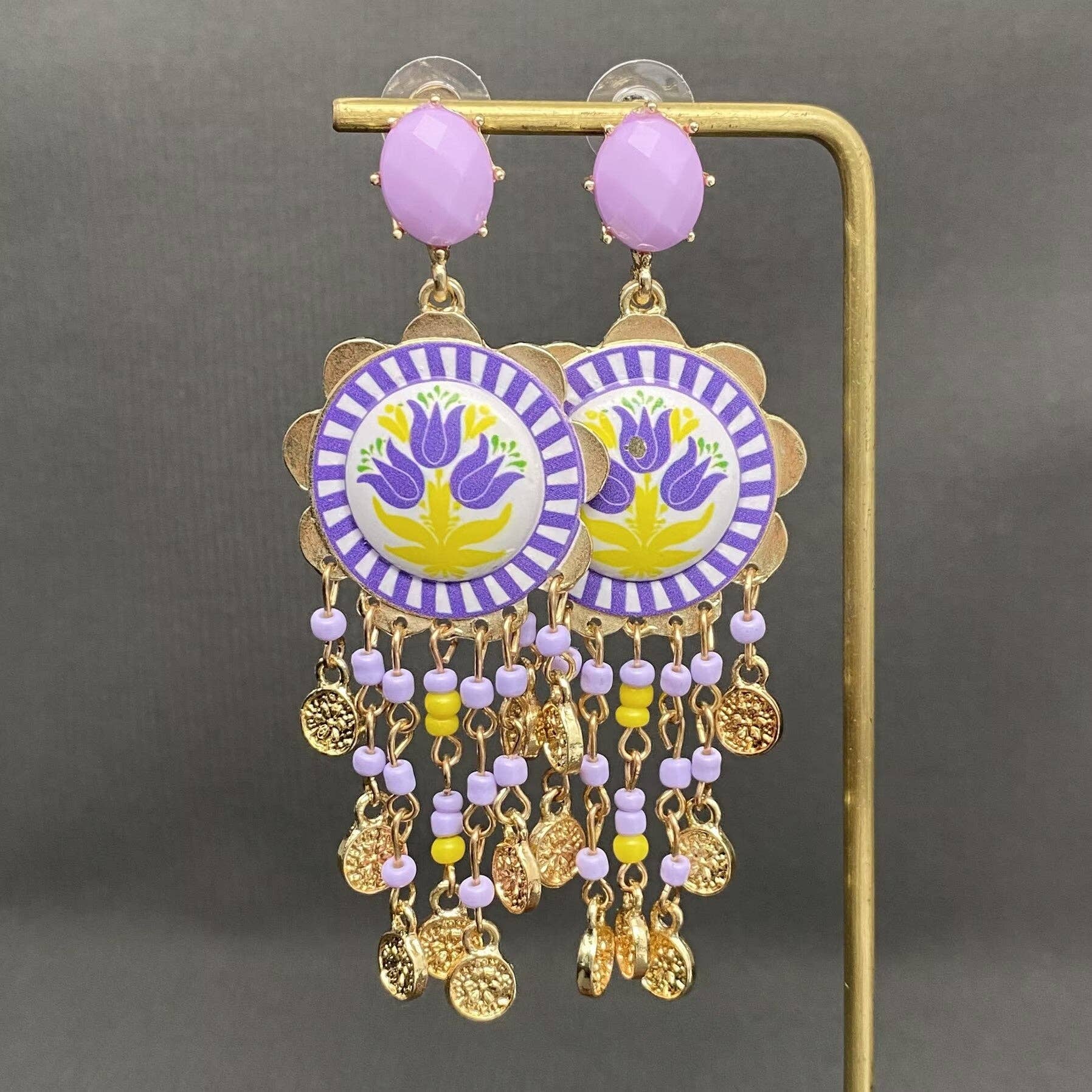 Enamel Tulip Flower Coin Tassel Dangle Earrings: Red