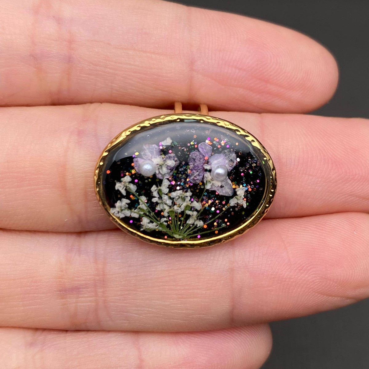 Dried Flowers Floral Oval 18K Golden SS Adjustable Ring -PDF: F