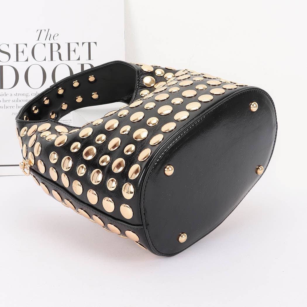 Vegan Leather Metal Studded Hobo Bag: BKSL