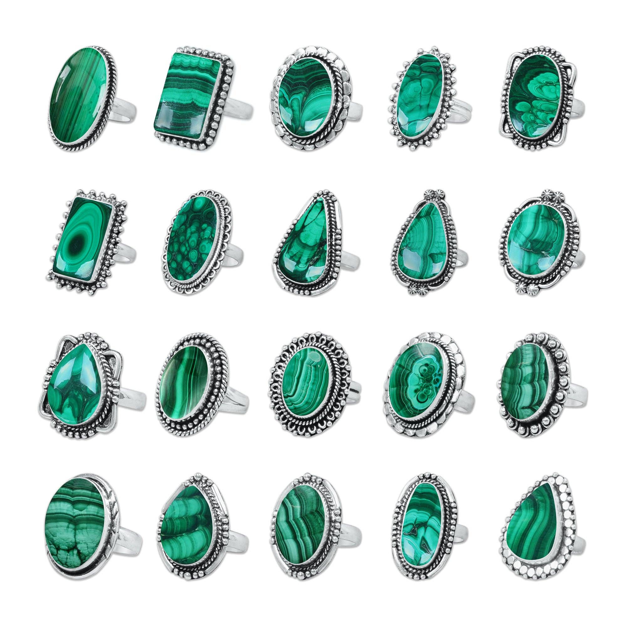 Malachite Rings – Silver-Plated, Handmade, Bold Green (US Sizes 6–10, Non-Adjustable) | Wholesale: 5 Rings