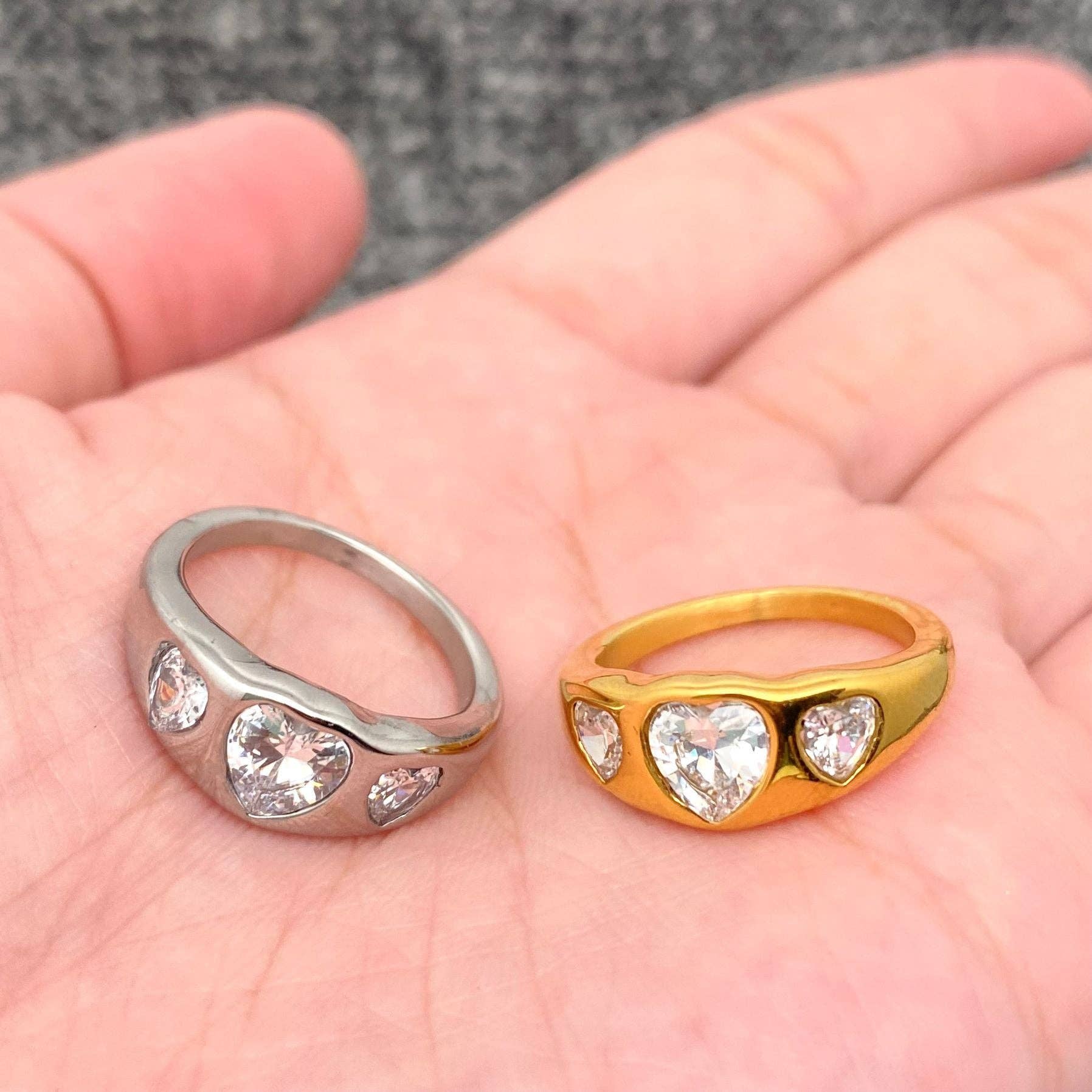 Triple Heart Zircon 18K Gold Plated Stainless Steel Ring-FGS: Steel color / 9