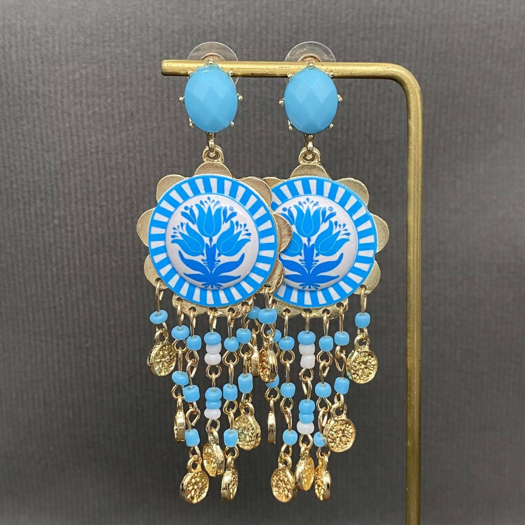 Enamel Tulip Flower Coin Tassel Dangle Earrings: Red