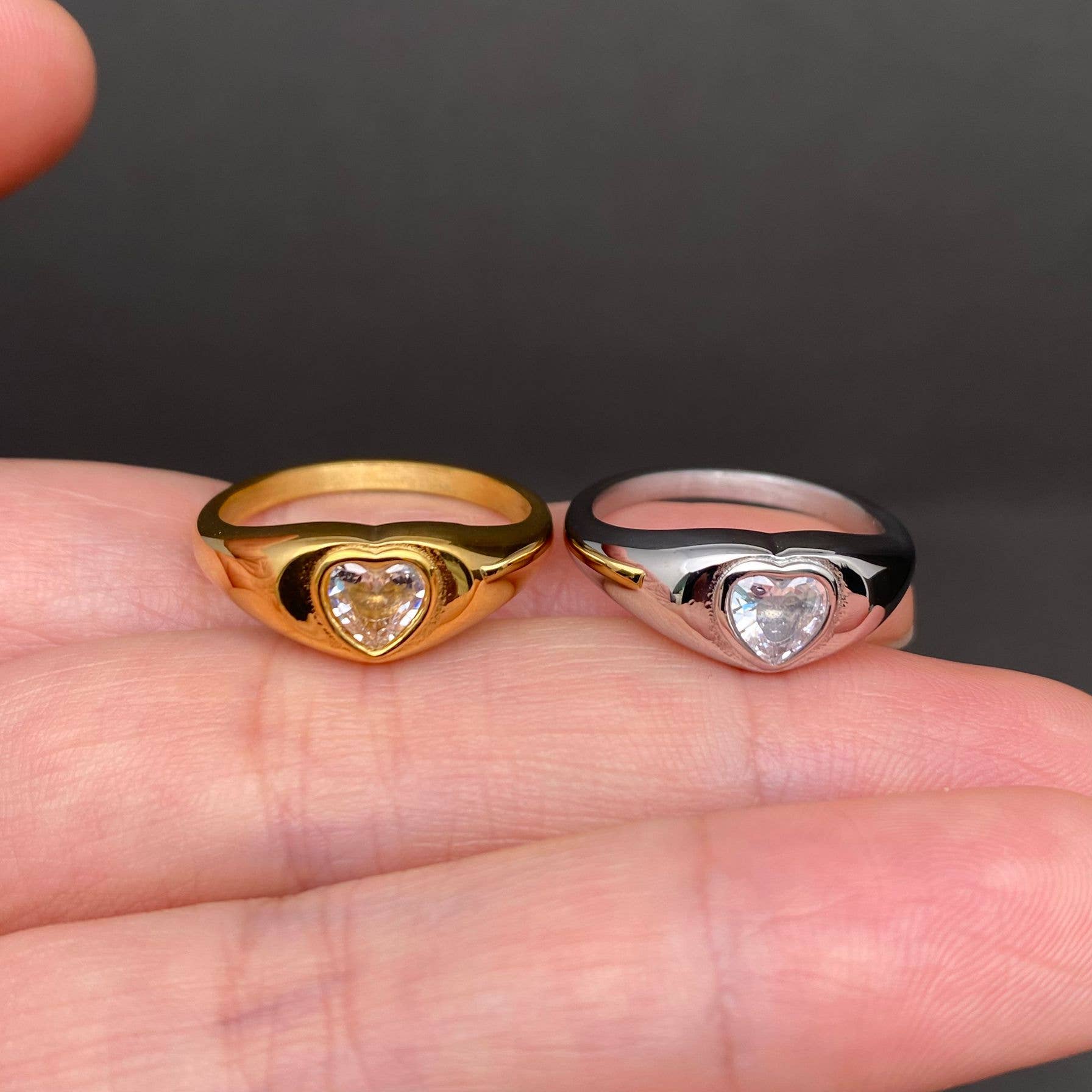 Heart Zircon Inlaid 18K Gold Plated S.Steel Ring - FGS: Steel color / 10