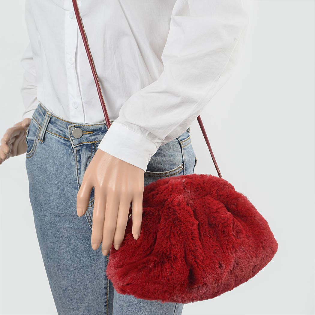 Cinched Faux Fur Crossbody Bag: Burgundy
