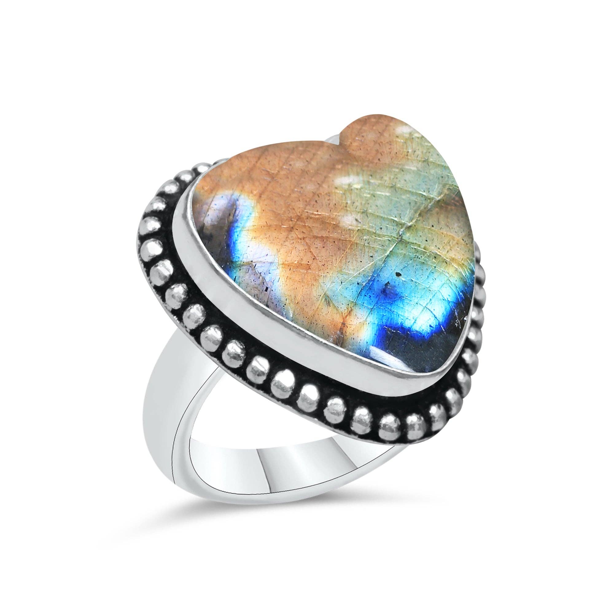Labradorite Heart Rings – Silver-Plated, Handmade, Blue Flash (US Sizes 6–10, Non-Adjustable) | Wholesale: 10 Rings