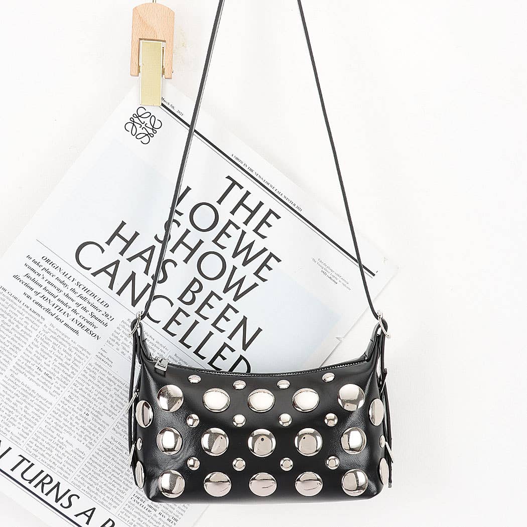 Vegan Leather Metal Studded Shoulder Bag: CM