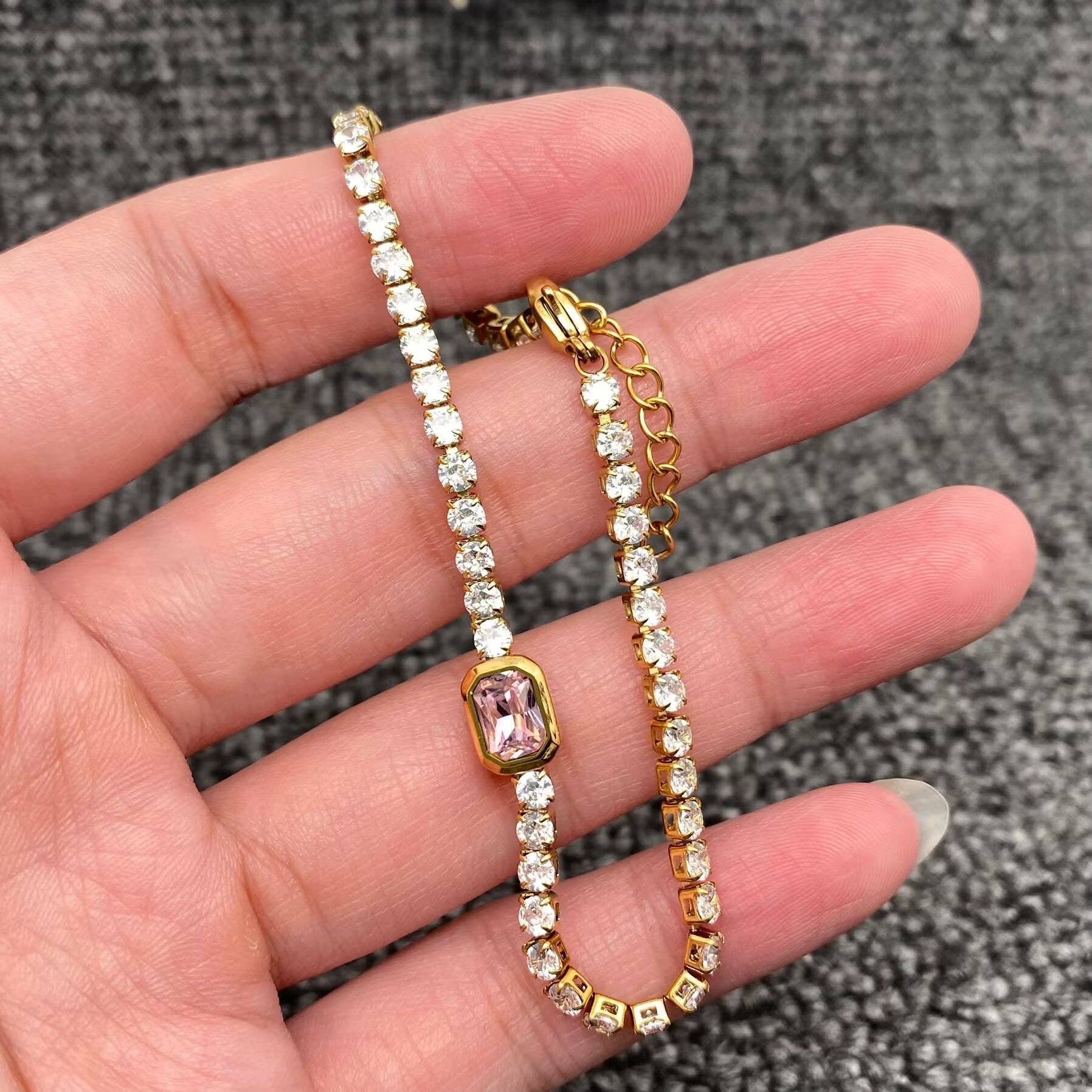 Full Zircon 3mm 18K Gold Plated Stainless Steel Bracelet-FGS: Pink