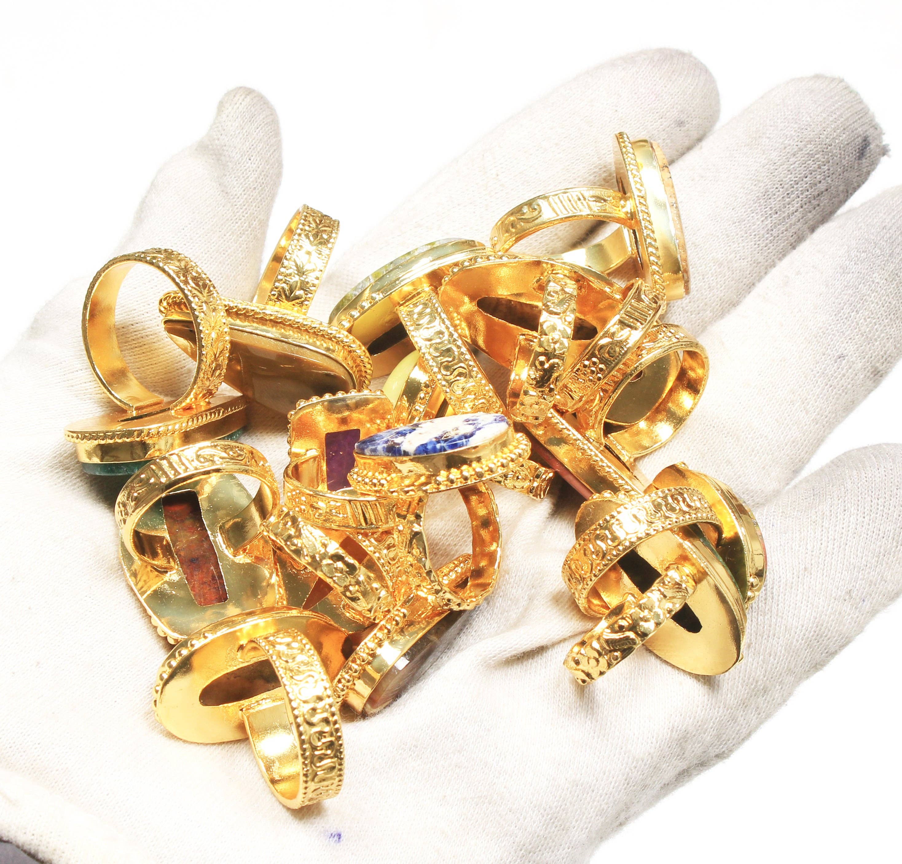 Bohemian Crystal Rings Set - Silver Plated, Mixed Sizes, Assorted Designs: Gold / 10 Rings