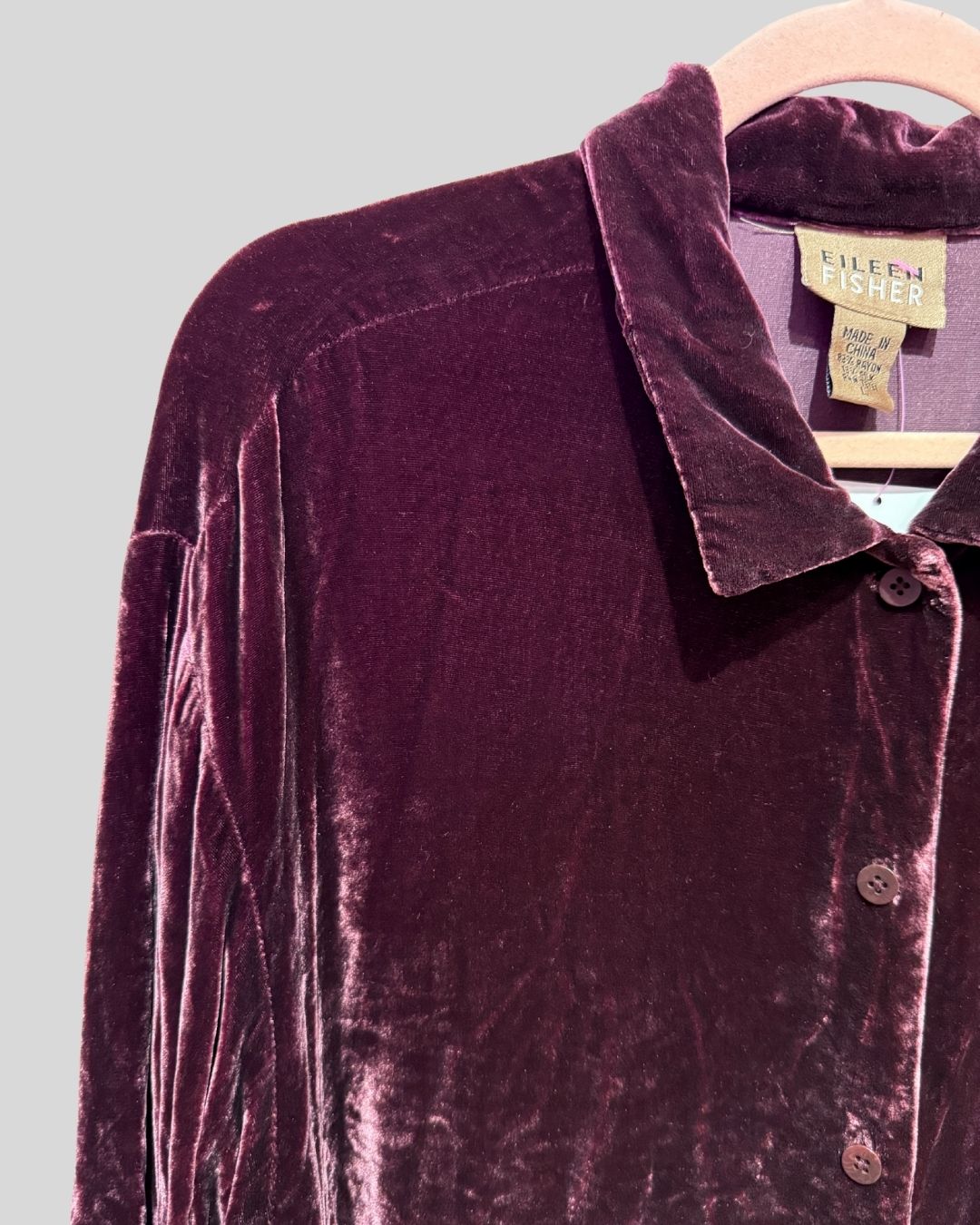 Eileen Fisher Wine Crushed Velvet Silk Blend Button Down (L fits XL)