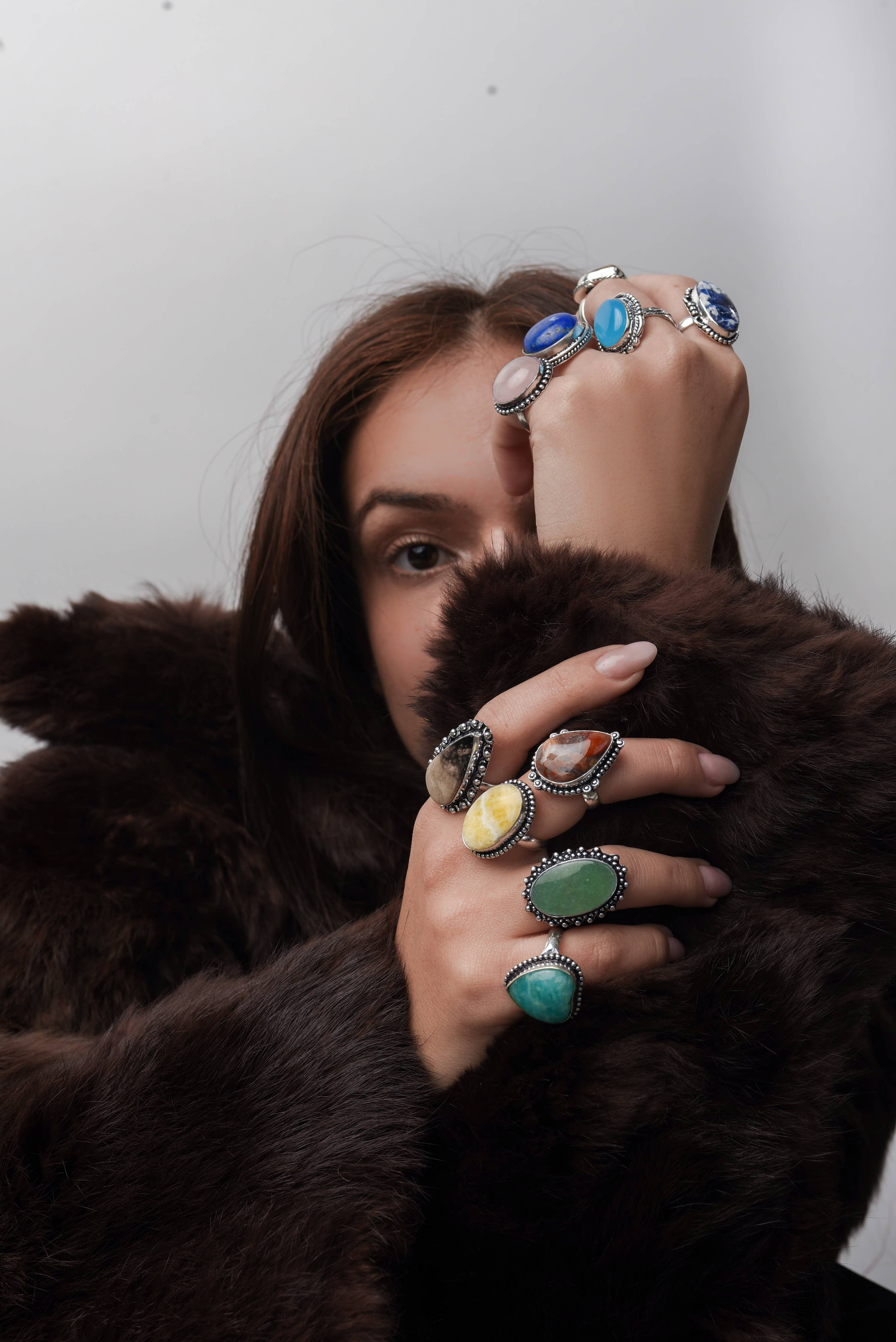 Bohemian Crystal Rings Set - Silver Plated, Mixed Sizes, Assorted Designs: Gold / 10 Rings