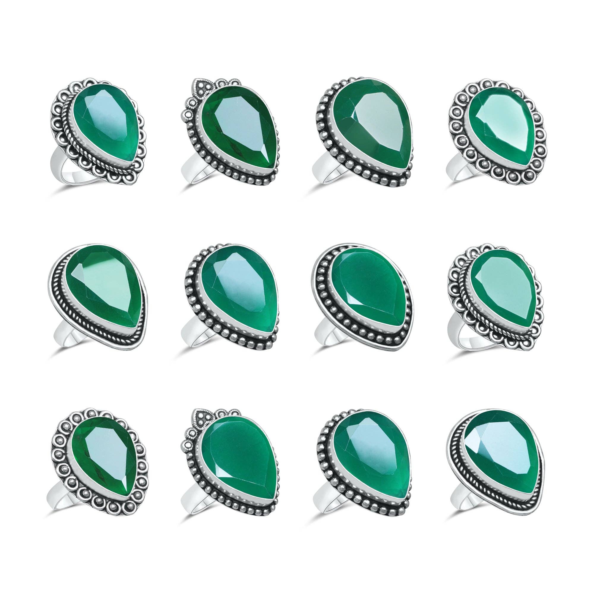 Green Onyx Faceted Rings – Silver-Plated, Handmade, Emerald Green Statement | Wholesale: 10 Rings