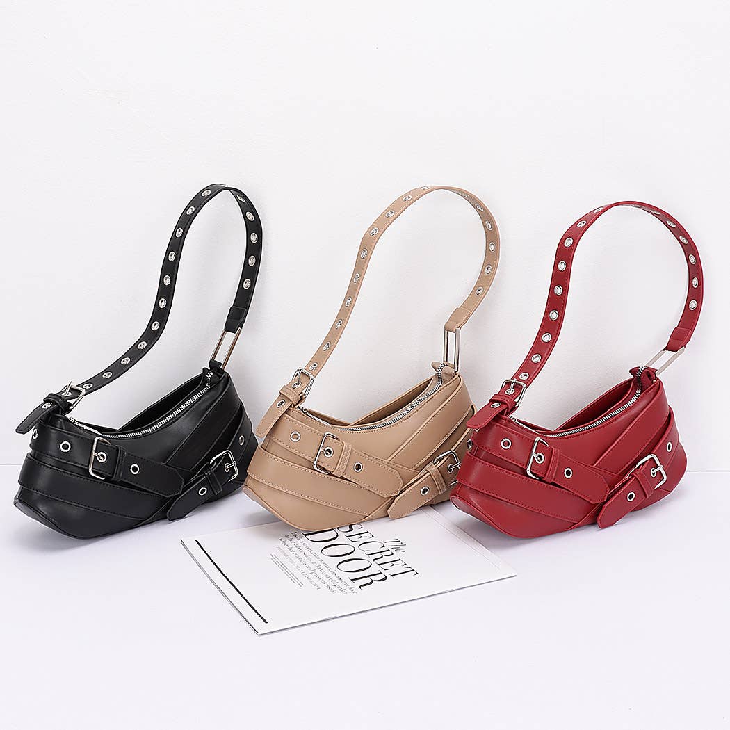 Faux Leather Burg Multi Buckles Shoulder Bag