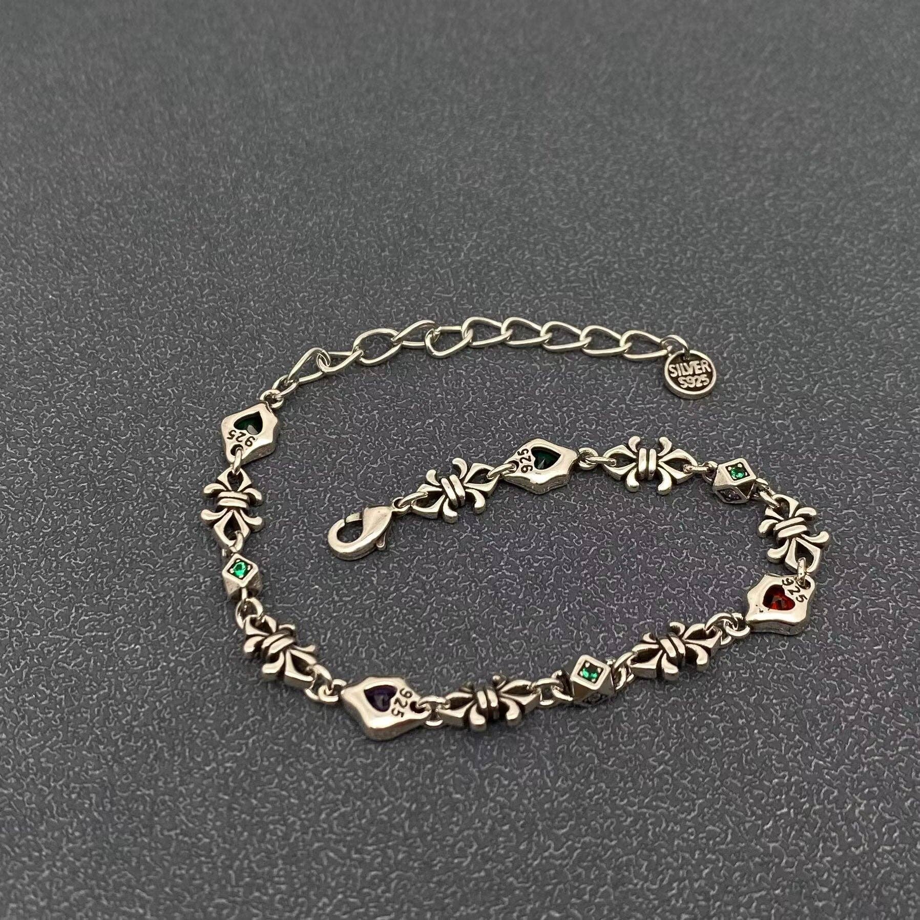 Inlaid Heart Rhinestone Linked Chain Silver-plated Bracelet