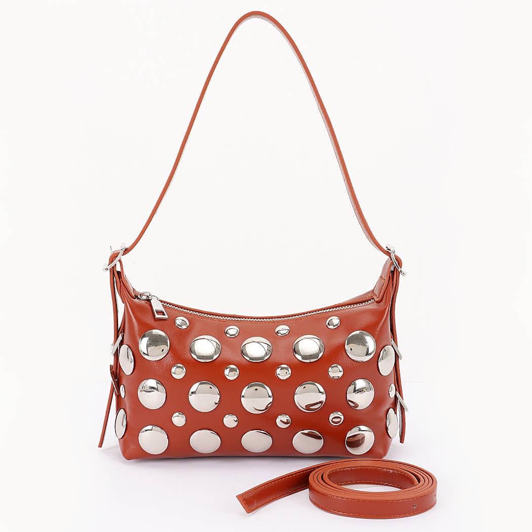 Vegan Leather Metal Studded Shoulder Bag: CM