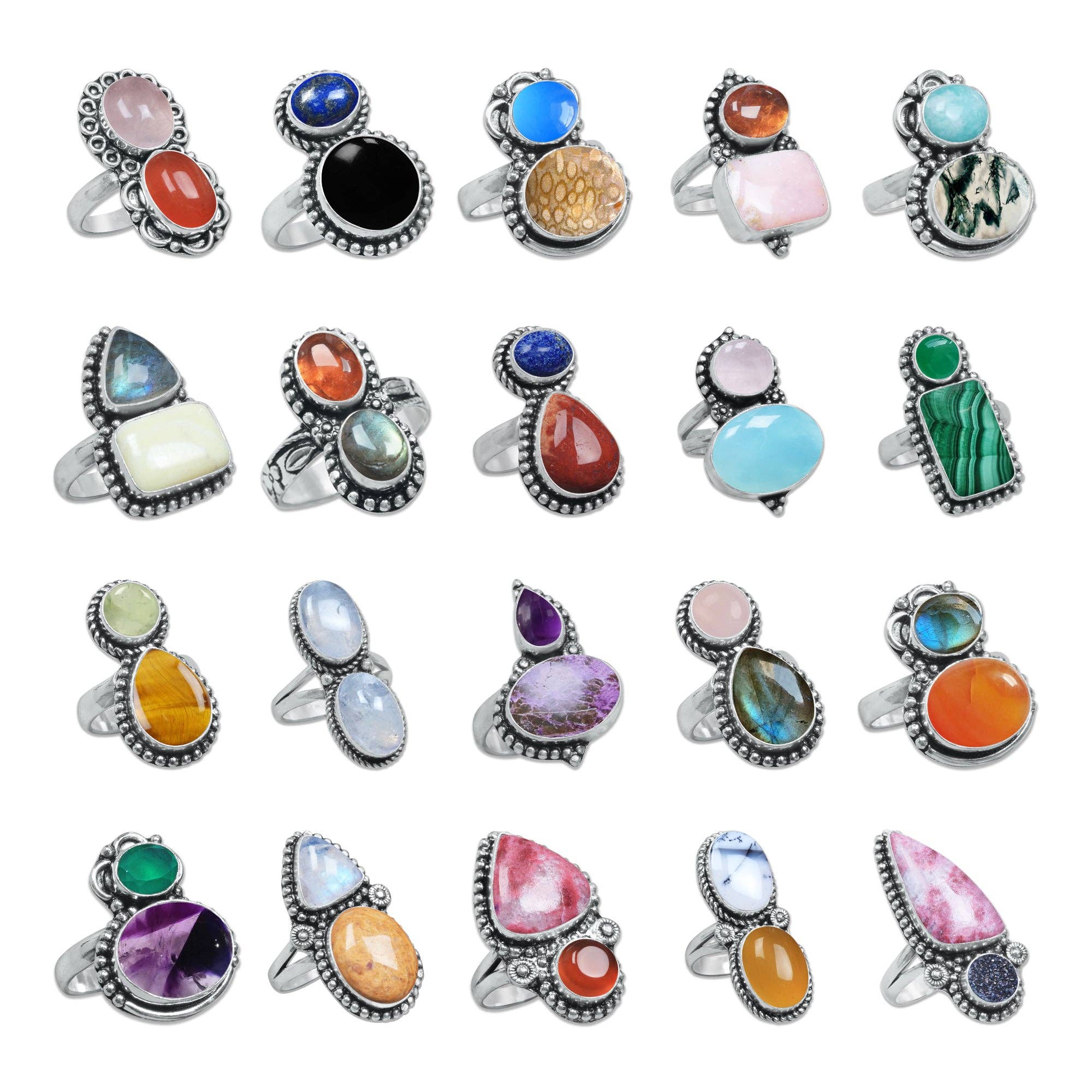 Multi-Stone Rings – Silver-Plated, Handmade, Boho Gemstone Combinations (US Sizes 6–10, Non-Adjustable) | Wholesale: 10 Rings