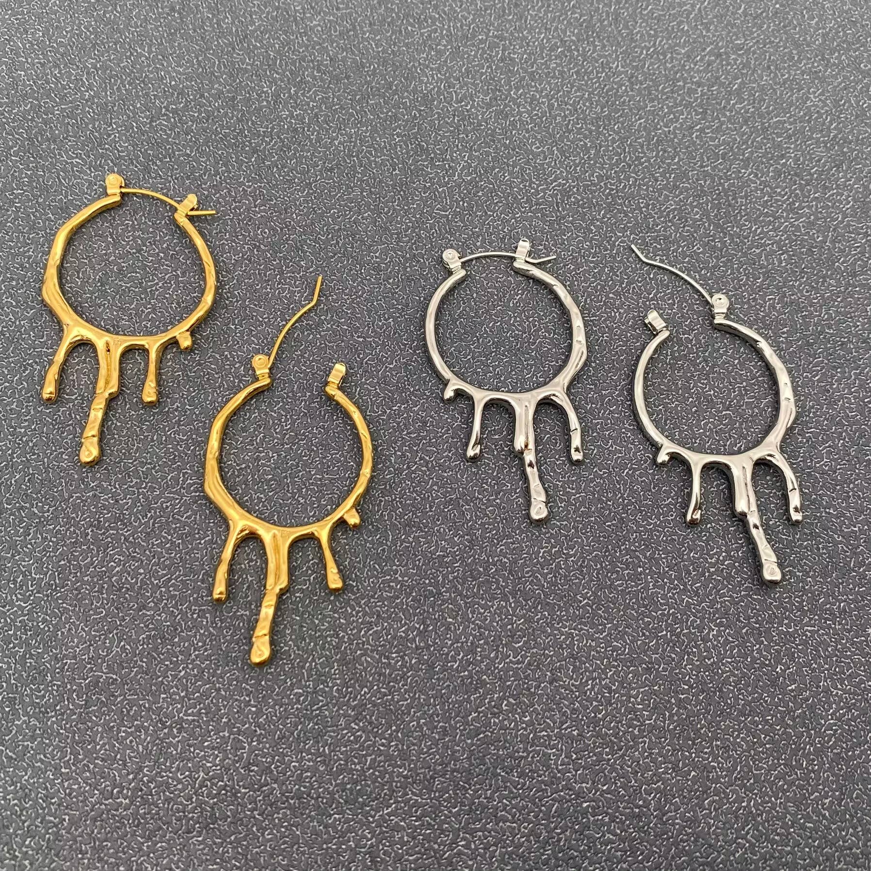 18K Gold Plated Stainless Steel Lava Drop Hoop Earrings -FGS: Golden