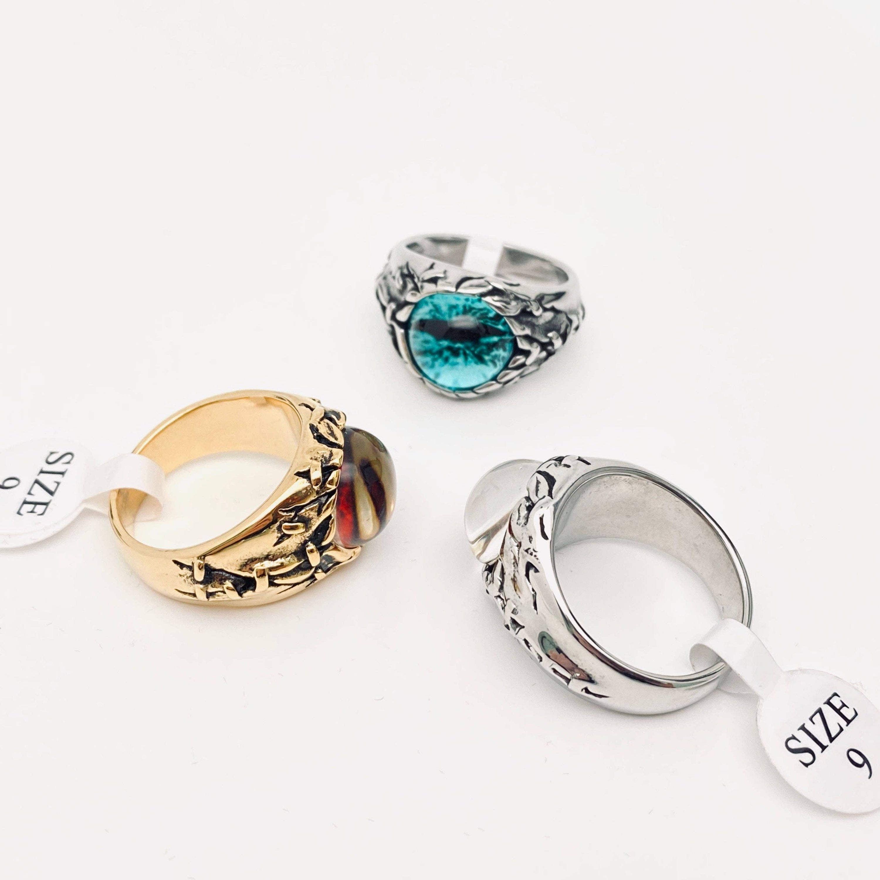 Devil's Eye Demon Eyeball Men's Stainless Steel Ring - MJ/MR: Golden Blue stone / 10