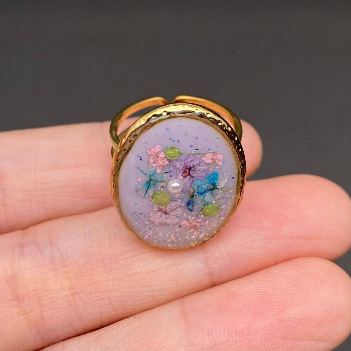 Dried Flowers Floral Oval 18K Golden SS Adjustable Ring -PDF: F