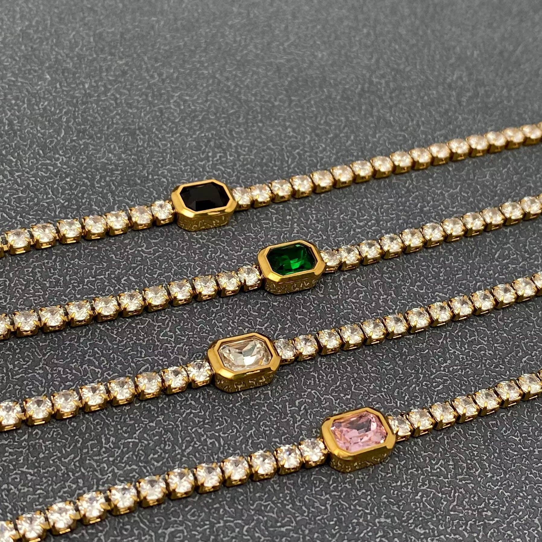 Full Zircon 3mm 18K Gold Plated Stainless Steel Bracelet-FGS: Pink