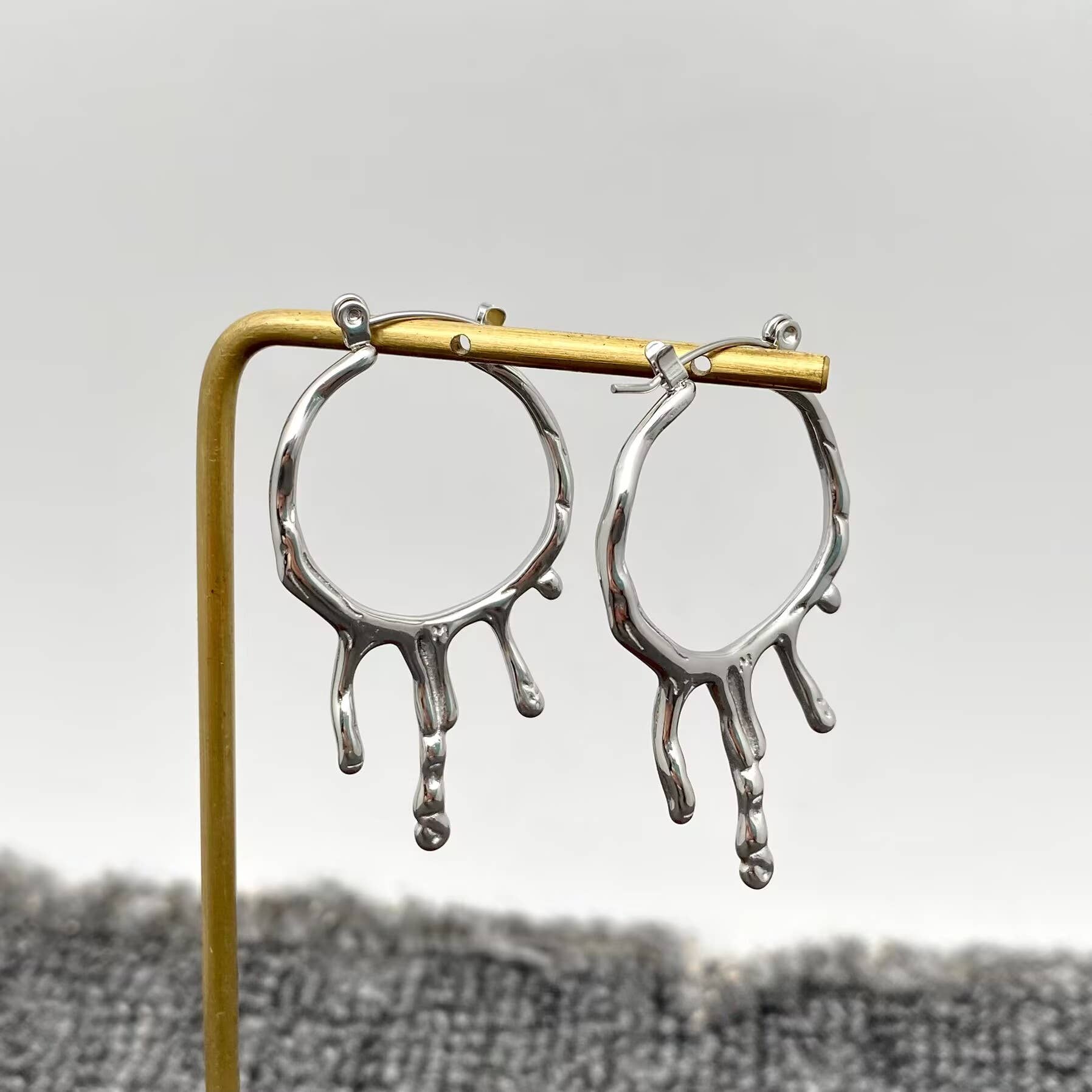 18K Gold Plated Stainless Steel Lava Drop Hoop Earrings -FGS: Golden