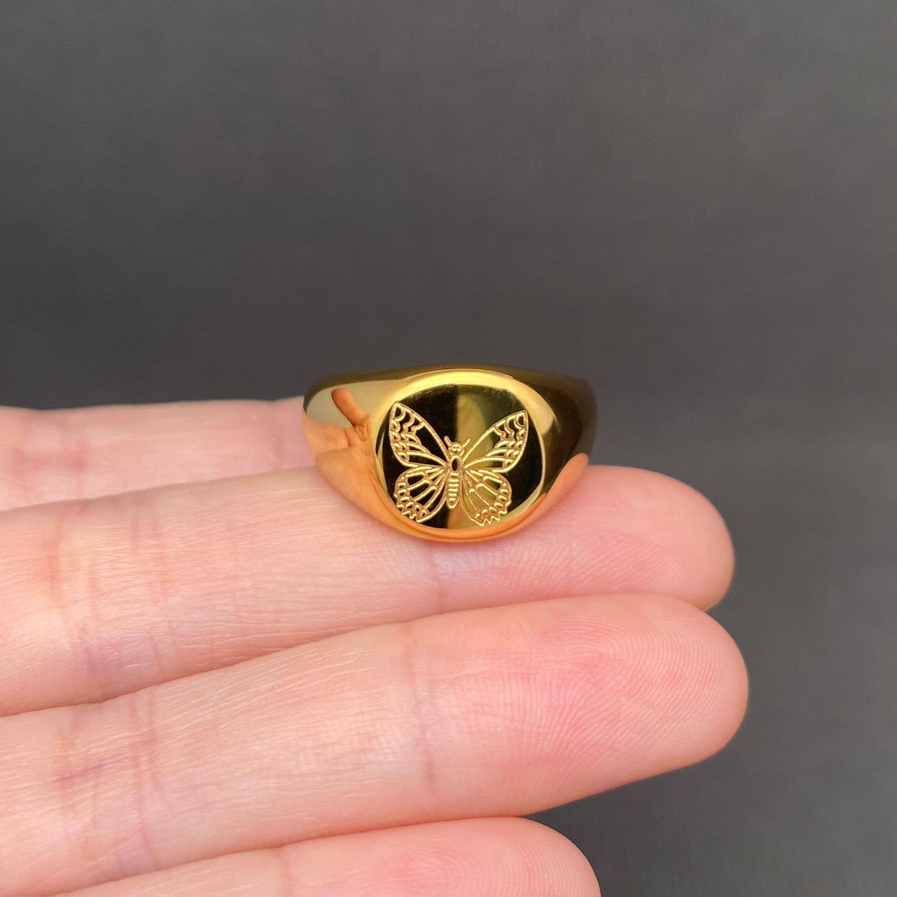 Butterfly Signet 18K Gold Plated Stainless Steel Ring - FGS: 8