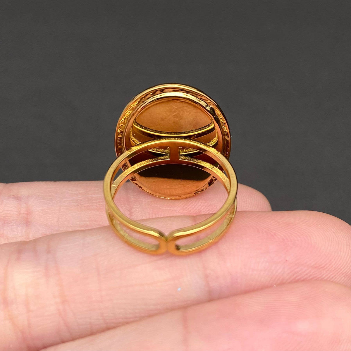 Dried Flowers Floral Oval 18K Golden SS Adjustable Ring -PDF: F
