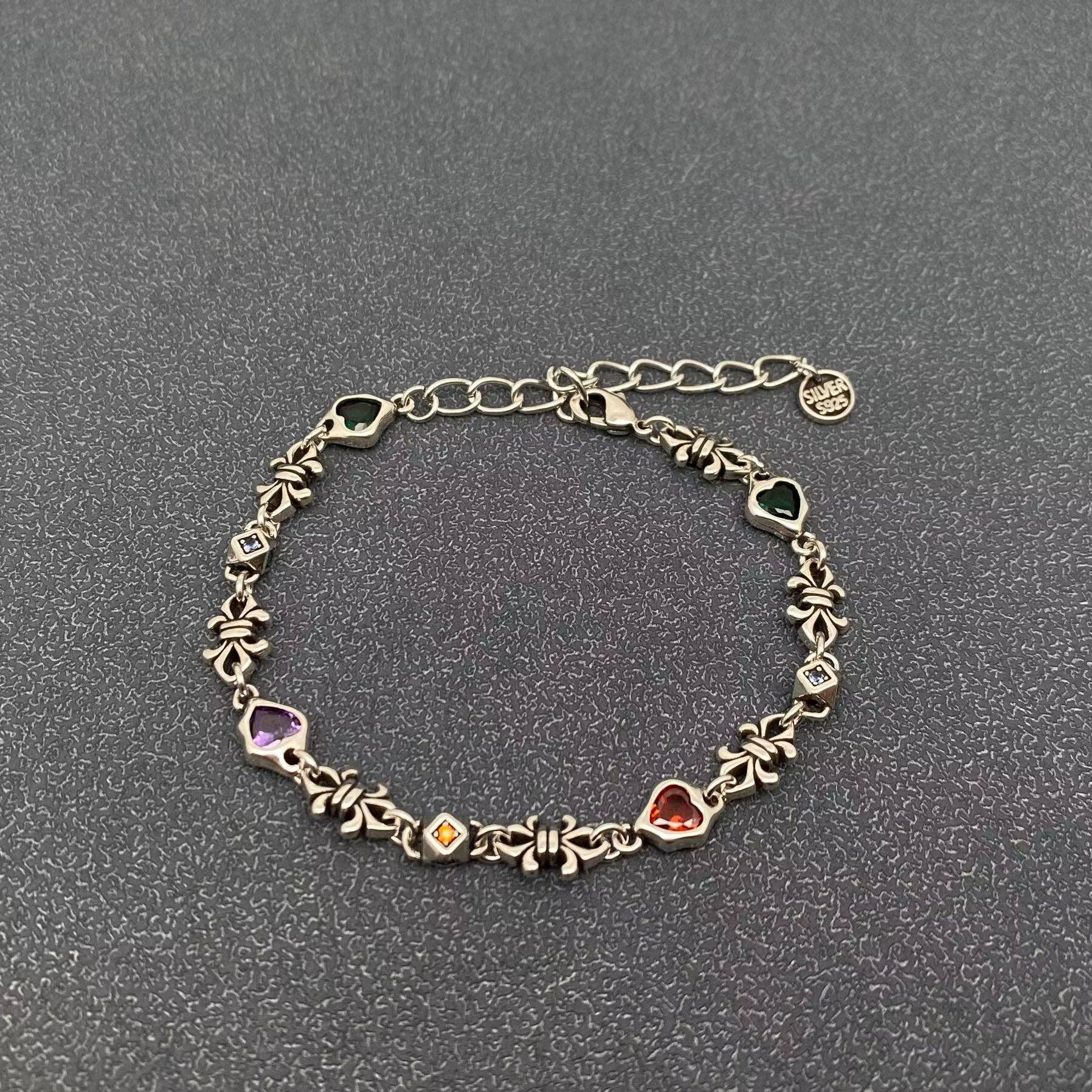 Inlaid Heart Rhinestone Linked Chain Silver-plated Bracelet