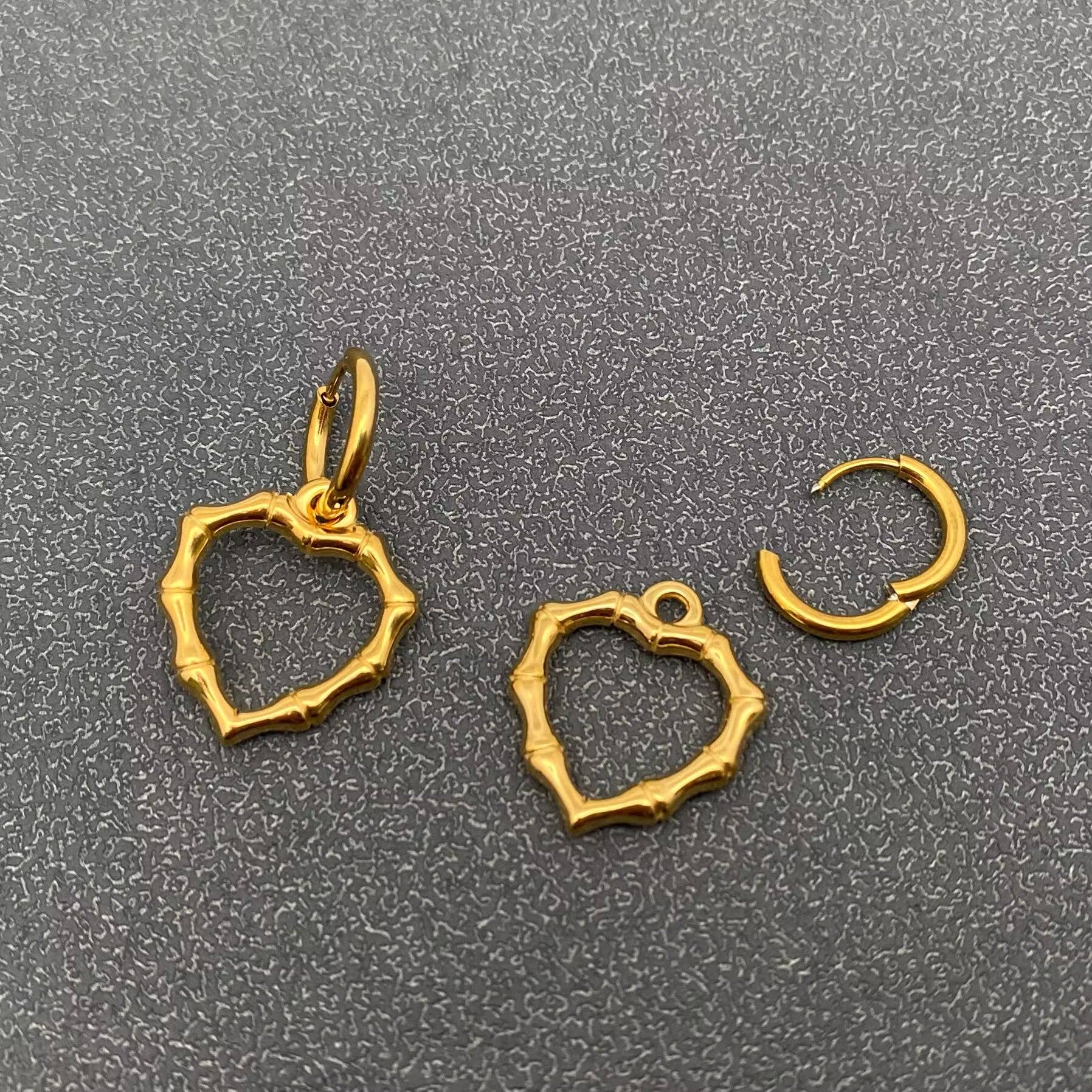 Hollow Bamboo Heart 18K Golden SS Huggie Earrings - FGS