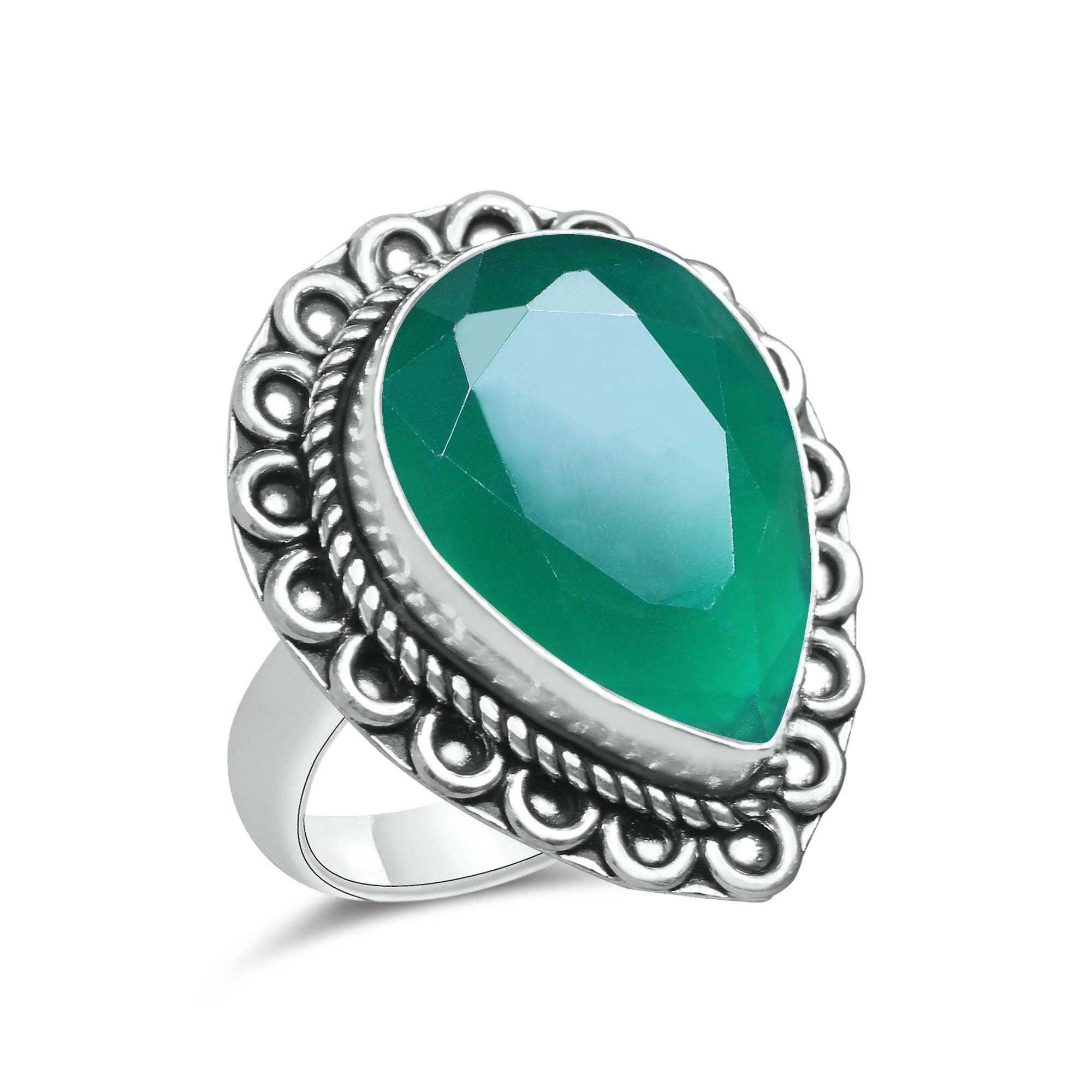 Green Onyx Faceted Rings – Silver-Plated, Handmade, Emerald Green Statement | Wholesale: 10 Rings