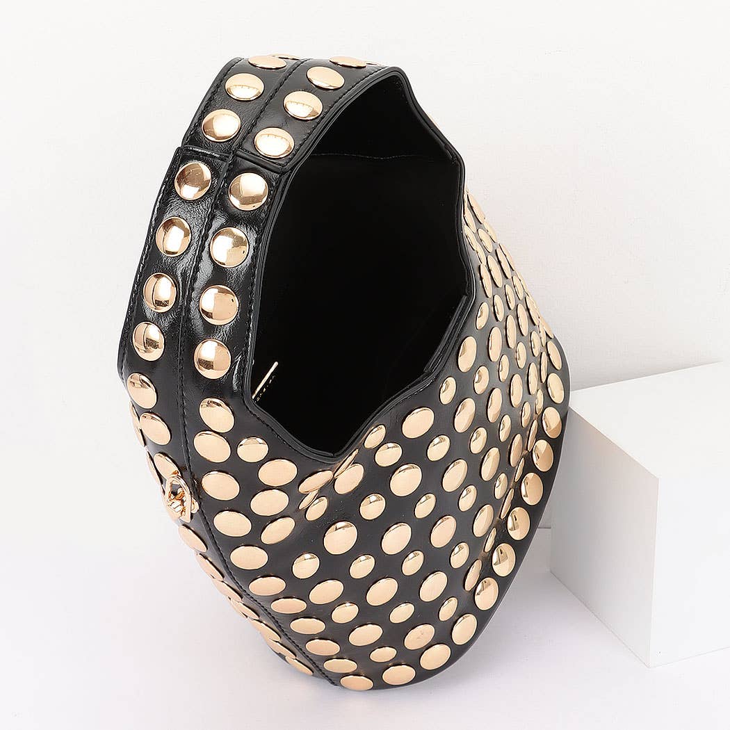 Vegan Leather Metal Studded Hobo Bag: BKSL