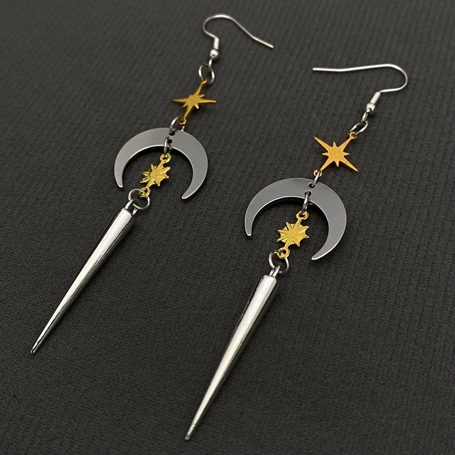 Two Tone Cone & Star & Moon Dangle Earrings - MS