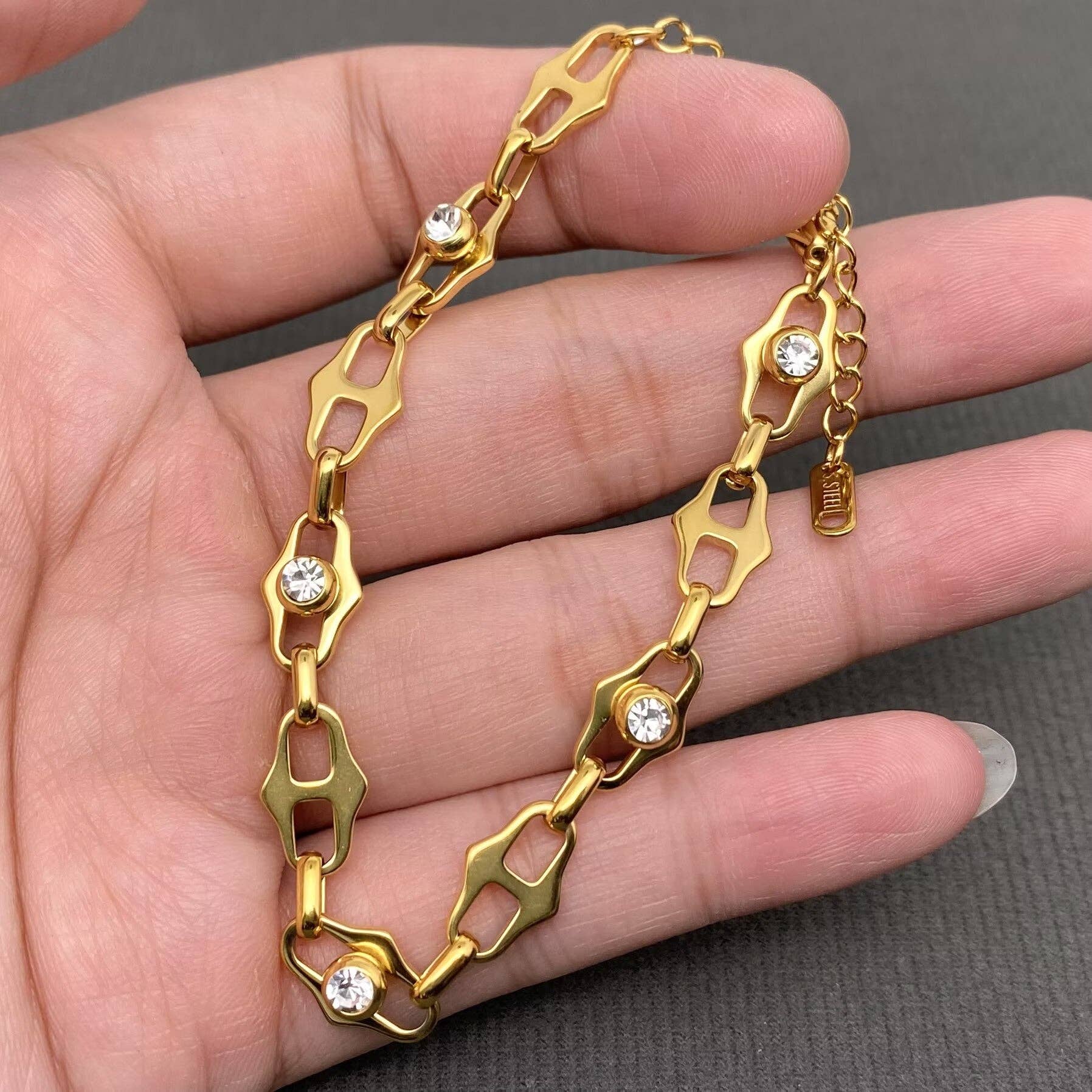 Zircon Inlaid 18K Gold Plated Stainless Steel Bracelet - FGS