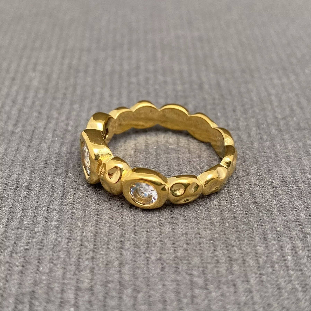 Zircon Inlaid Hammer Texture 18K Gold Plated S.Steel Ring - FGS: Colored / 8